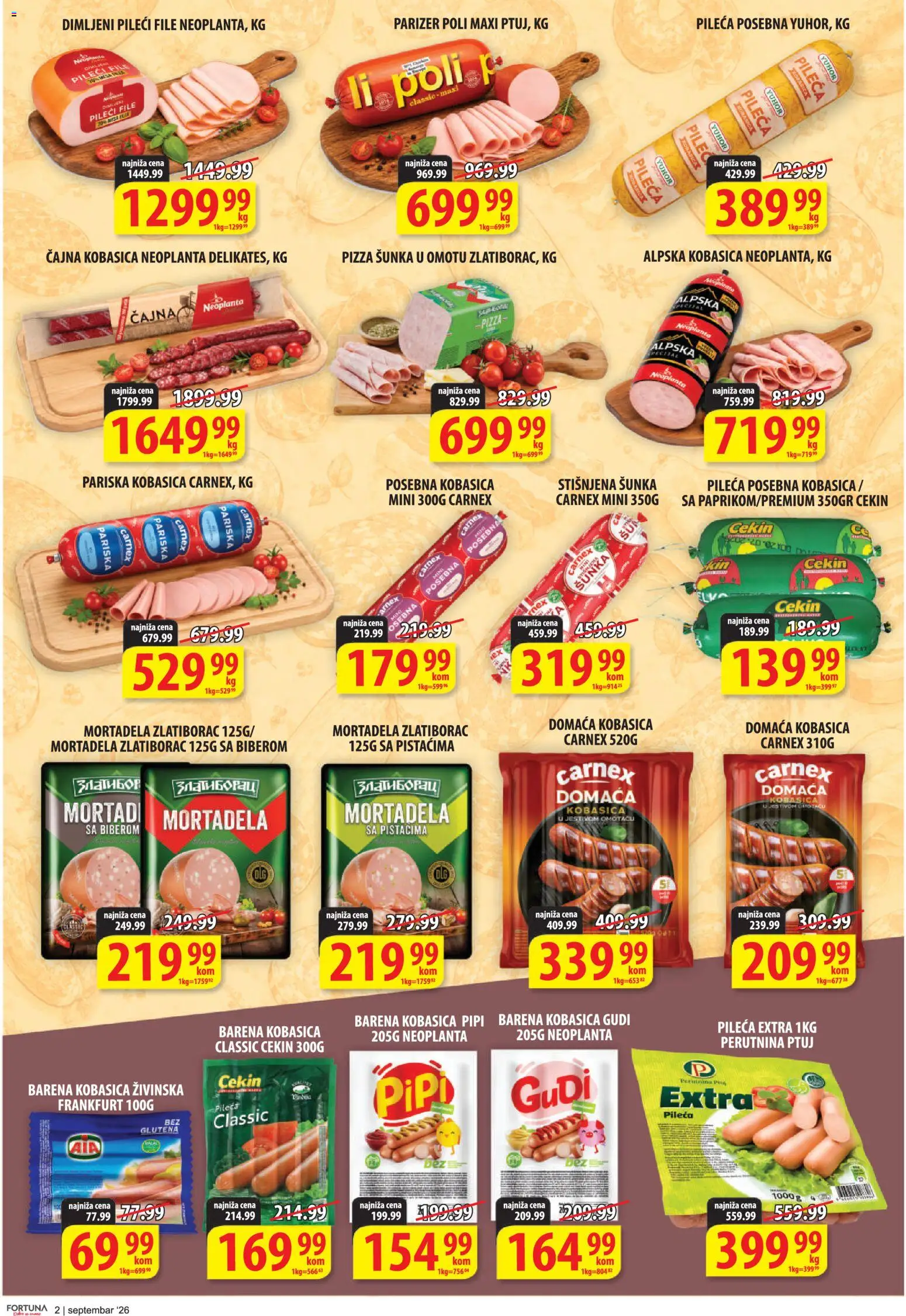 Fortuna Market katalog - važi od 11.09.2026 | Strana: 2 | Proizvode: Parizer, Mortadela, Pile, Kobasica