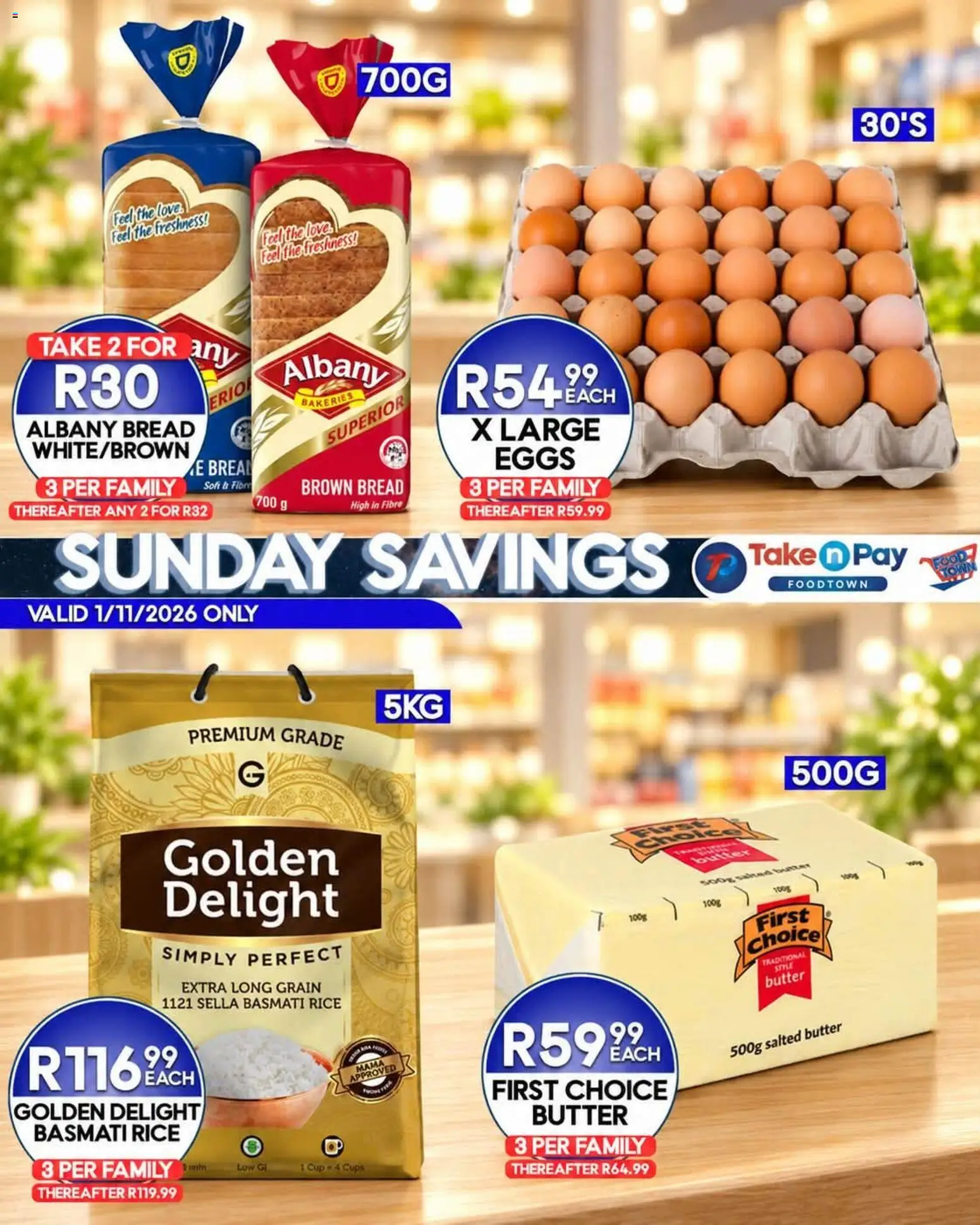 New Take n Pay catalogue – valid from 01/11/2026 | Page: 2 | Products: Butter, Eggs, Bread, Rice