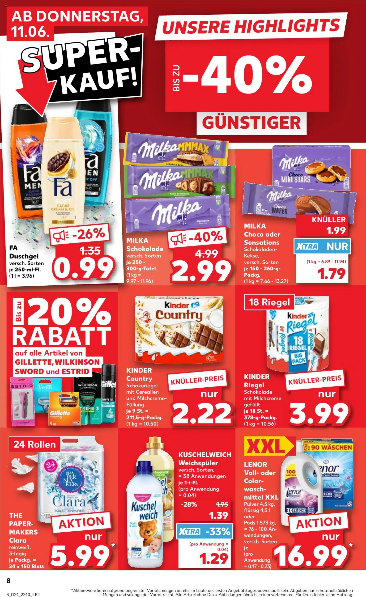 Kaufland Prospekt Speyer – gültig ab 11.06.2026 | Seite: 8 | Produkte: Kuschelweich, Milka, Kinder riegel, Shower Gel