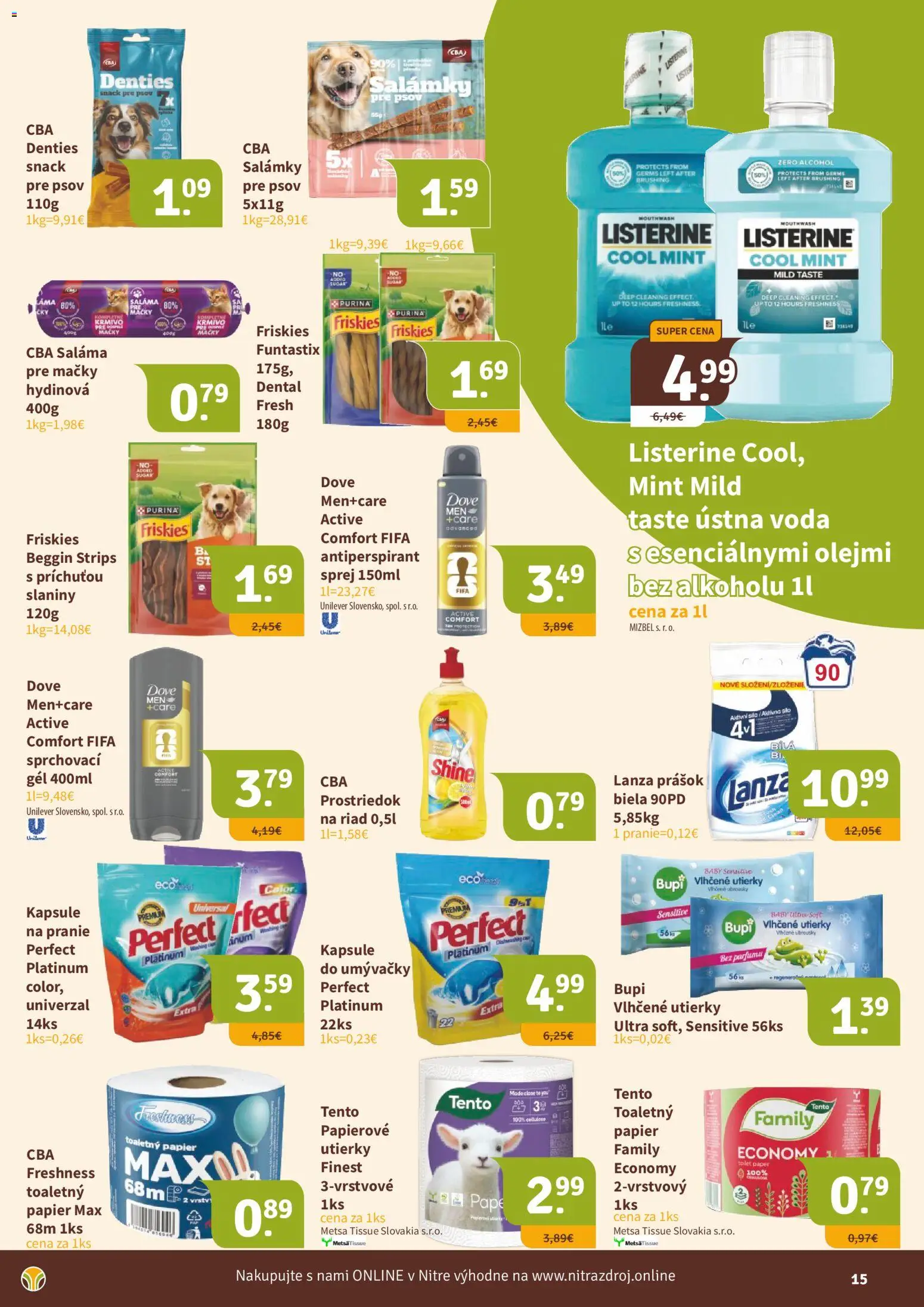 Nové Nitrazdroj akcie – leták je platný od 19.06.2026 | Strana: 15 | Produkty: Listerine, Saláma, Toaletný papier, Antiperspirant