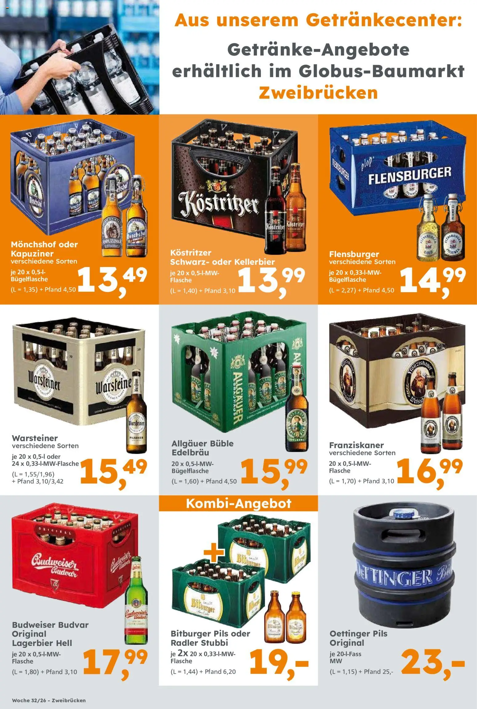 Globus Baumarkt Prospekt Zweibrücken – gültig ab 03.08.2026 | Seite: 14 | Produkte: Bitburger, Monchshof, Oettinger, Flensburger