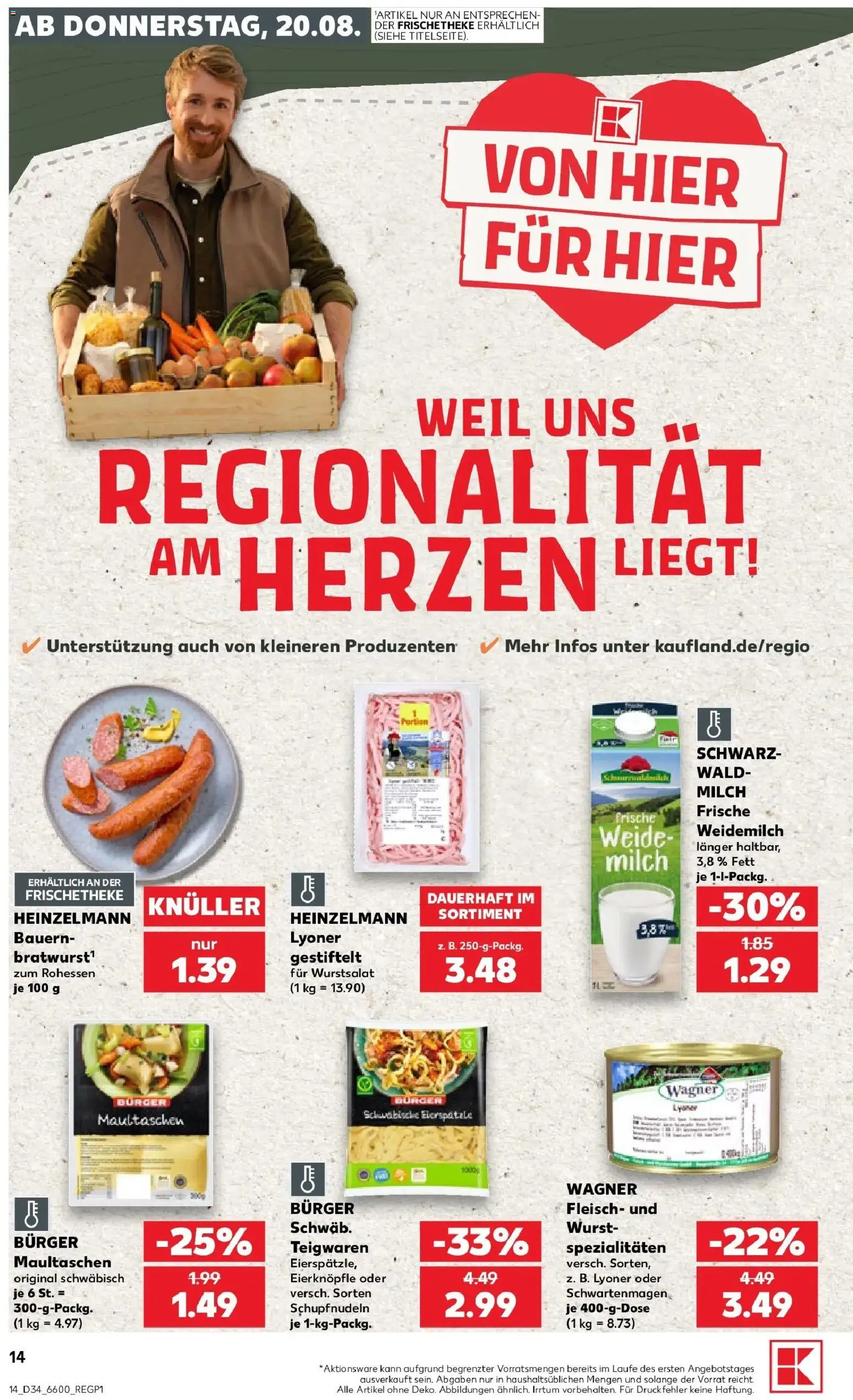 Prospekt Kaufland ab 20.08.2026 » Angebote Online zum Blättern | Seite: 14 | Produkte: Milch, Wurst, Maultaschen, Fleisch