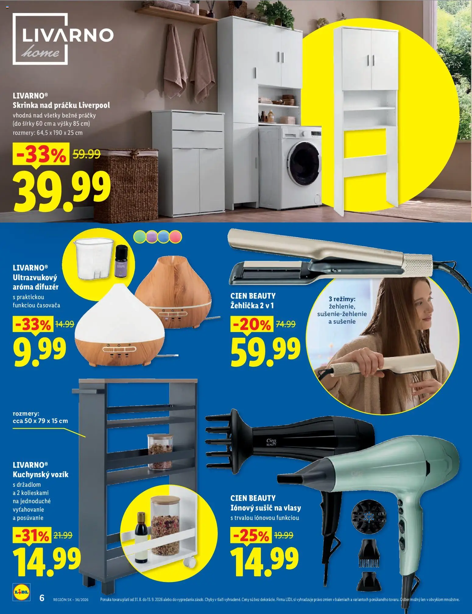 Nové Lidl akcie – leták je platný od 31.08.2026 | Strana: 6 | Produkty: Difúzer, Aroma difúzer, Skrinka, Skrinka nad práčku