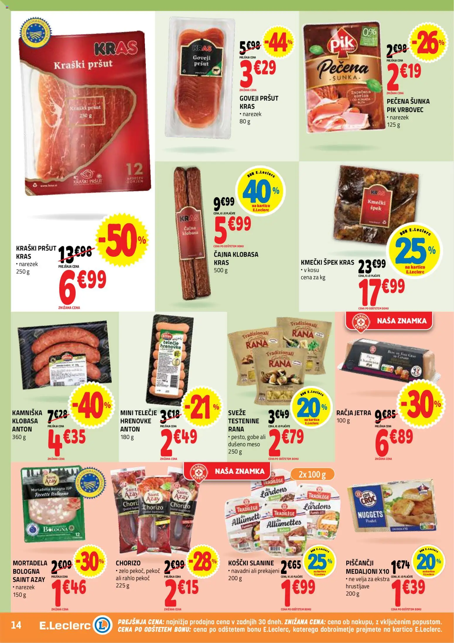 Novi E.leclerc katalog ponudbe – veljaven od 30.09.2026 | Stran: 14 | Izdelki: Hrenovke, Pršut, Narezek, Sunka
