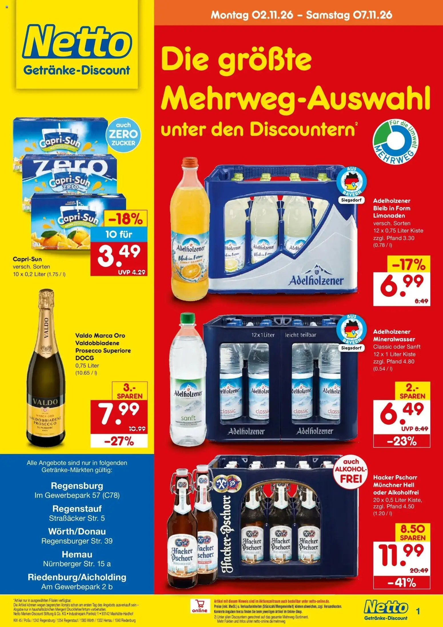 Netto Marken-Discount Prospekt Regenstauf – gültig ab 02.11.2026 | Seite: 1 | Produkte: Adelholzener, Mineralwasser, Alkohol, Zucker