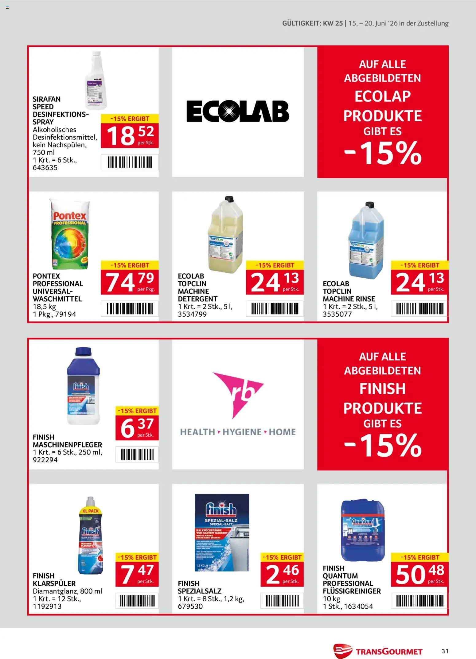 Transgourmet Zustellaktion gültig ab 15.06.2026 | Seite: 31 | Produkte: Klarspüler, Wasser, Waschmittel
