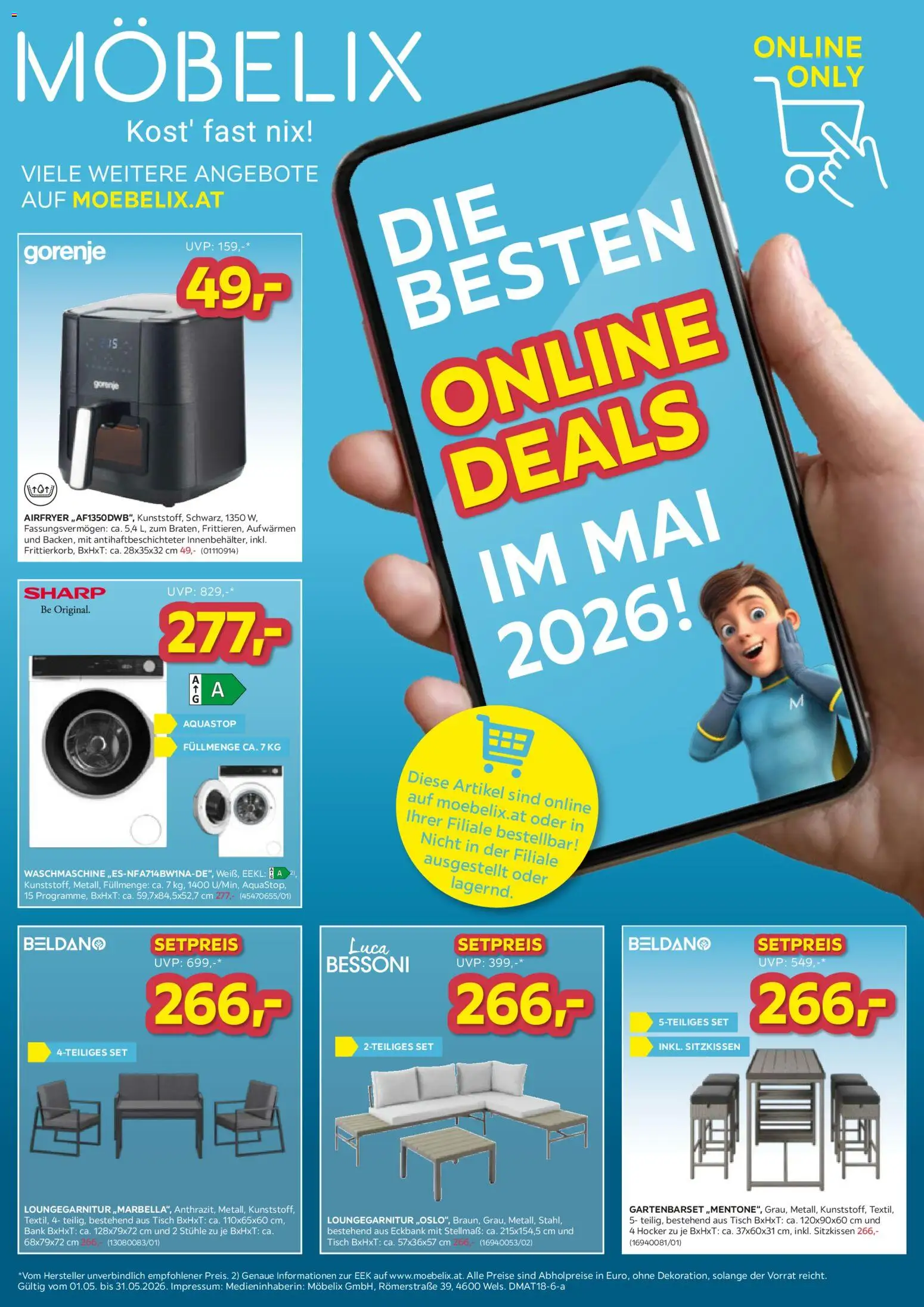 Möbelix - Die Besten Online Deals gültig ab 01.05.2026 | Seite: 1 | Produkte: Waschmaschine, Tisch