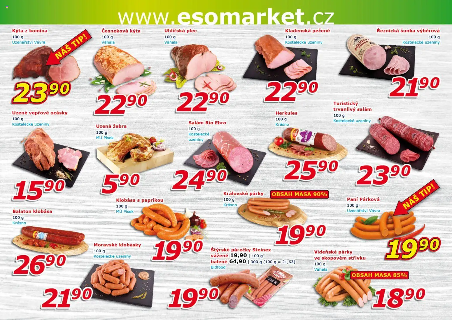 Eso market leták od 13.05.2026 | Strana: 2 | Produkty: Vídeňské párky, Párky, Klobása, Uzená žebra