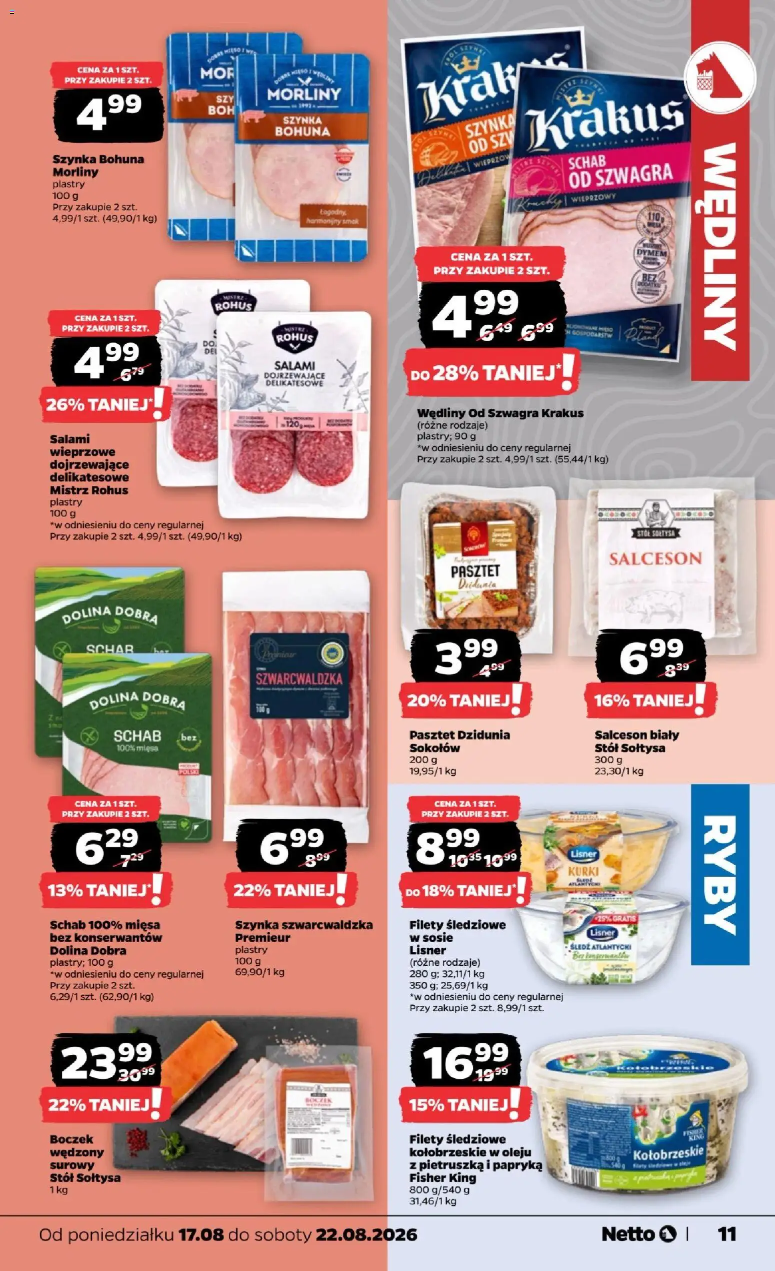 Netto gazetka od poniedziałku od 17.08.2026 | Strona: 11 | Produkty: Schab, Pasztet, Salceson, Boczek