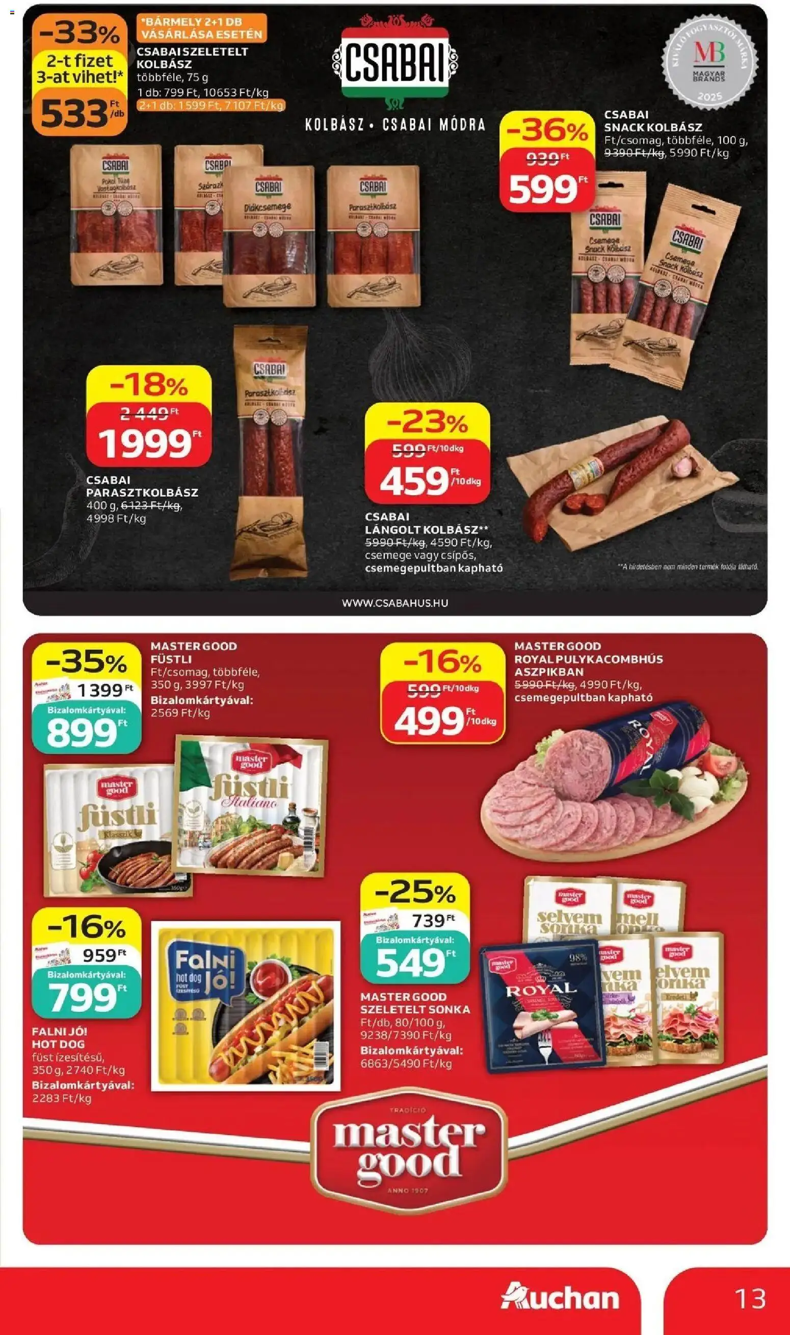 Auchan akciós ujság - amely érvényes a következő dátumtól: 11.06.2026 | Oldal: 13 | Termékek: Hot dog, Kolbász, Sonka, Lángolt kolbász