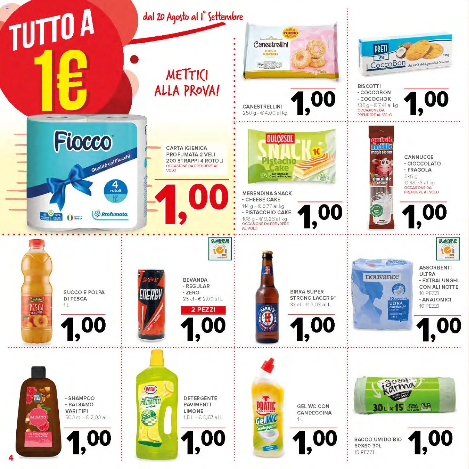 Volantino Todis del 20/08/2026 | Pagina: 4 | Prodotti: Carta igienica, Candeggina, Limone, WC