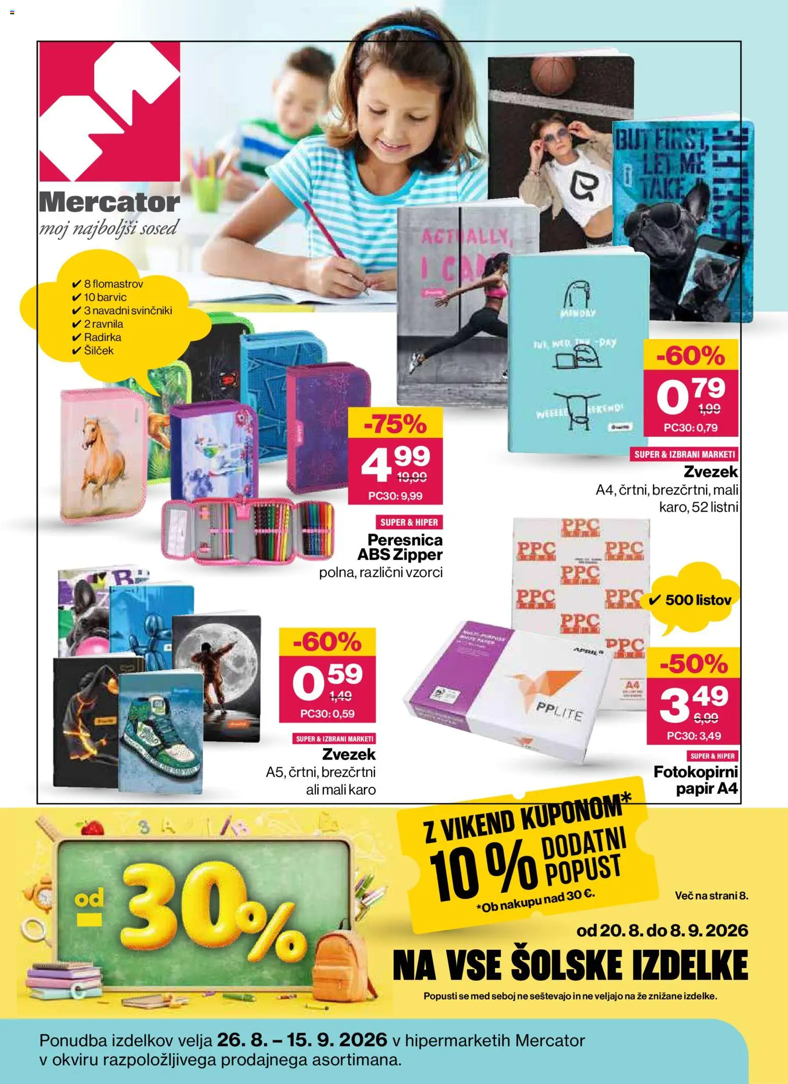 Novi Mercator katalog ponudbe – veljaven od 26.08.2026 | Stran: 1 | Izdelki: Med, Zvezek, Peresnica