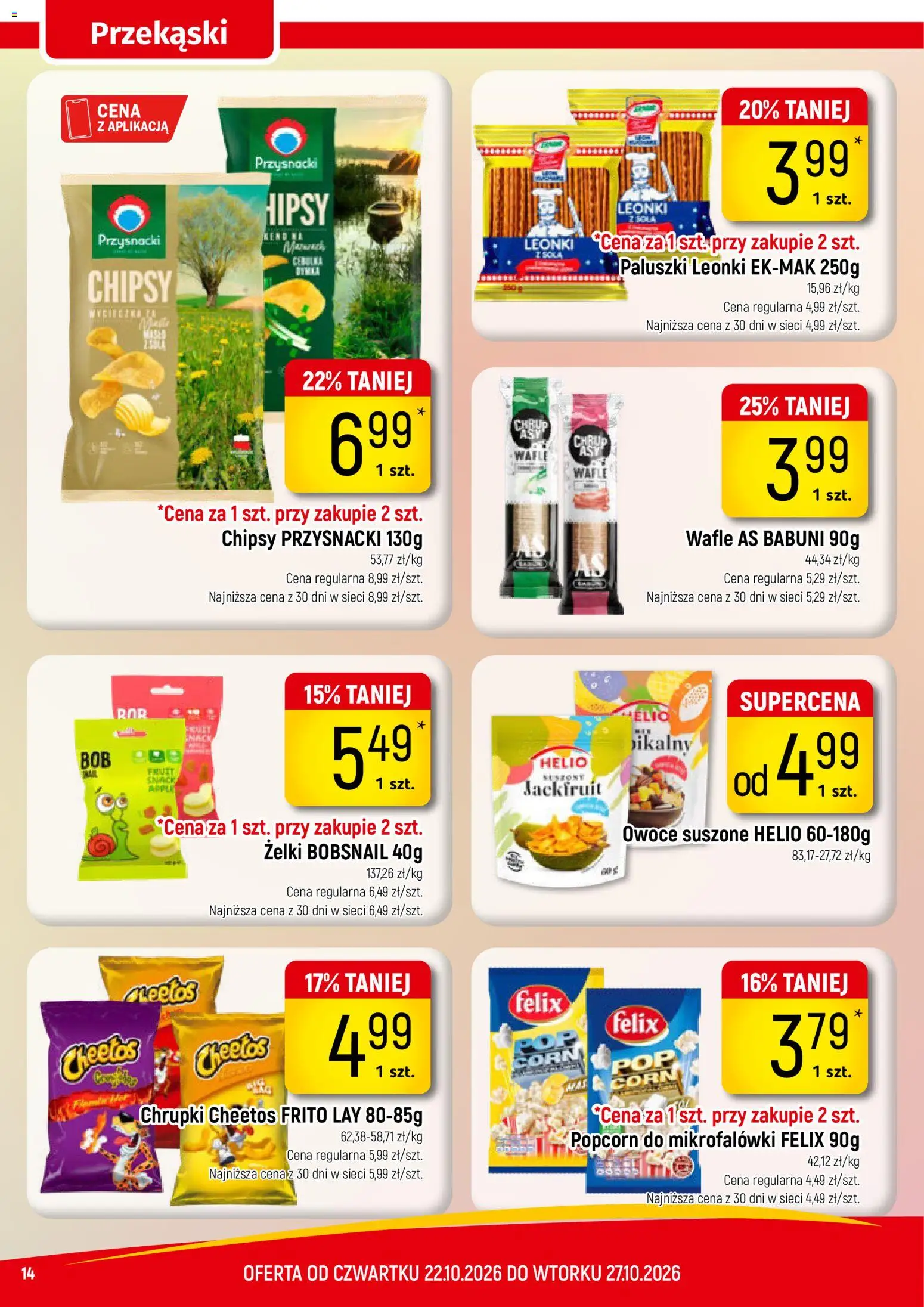 Piotruś Pan gazetka od 22.10.2026 | Strona: 14 | Produkty: Chipsy, Wafle, Żelki, Owoce