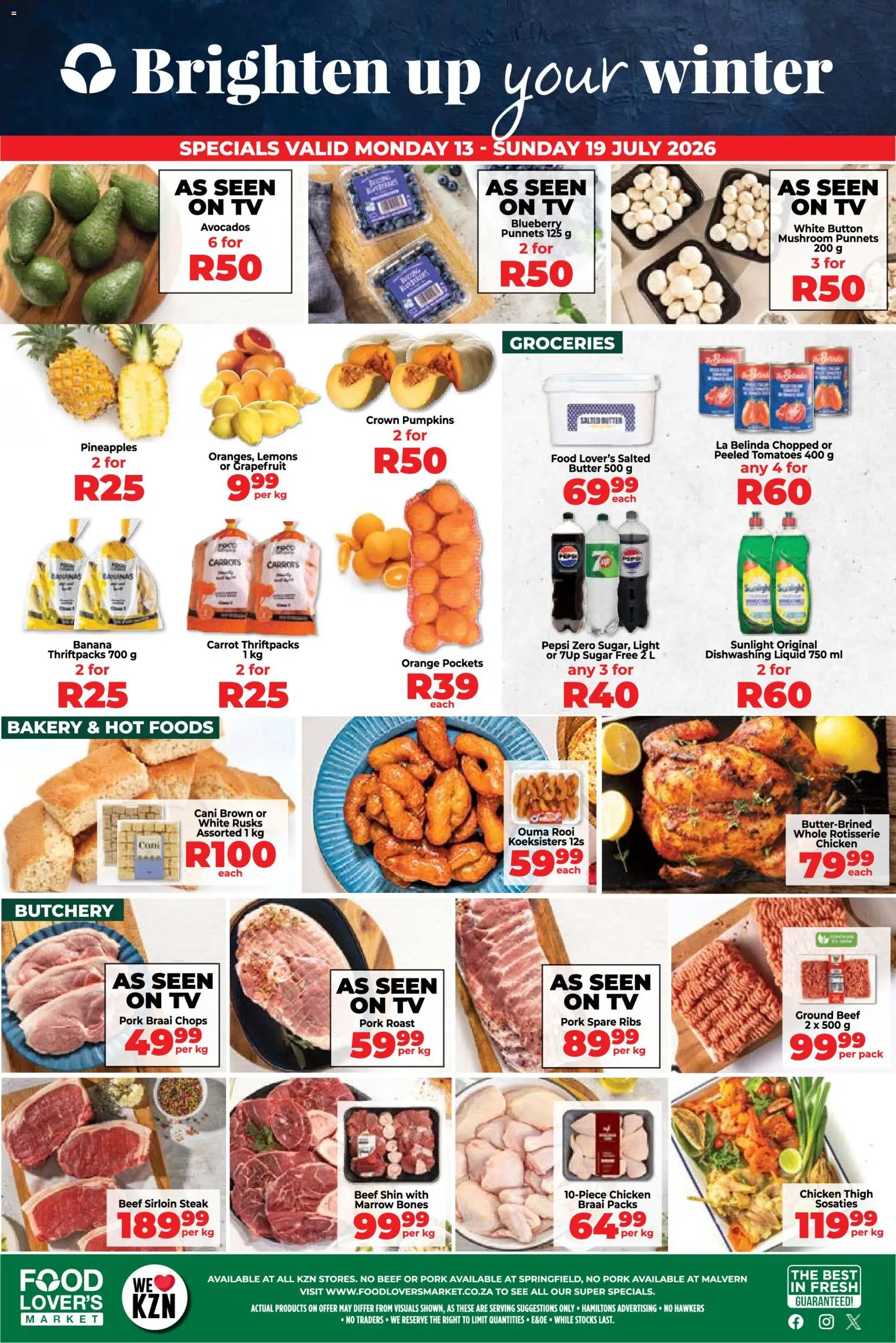 New Food Lover's Market catalogue – valid from 13/07/2026 | Page: 1 | Products: Steak, Rusks, Avocados, Dishwashing liquid