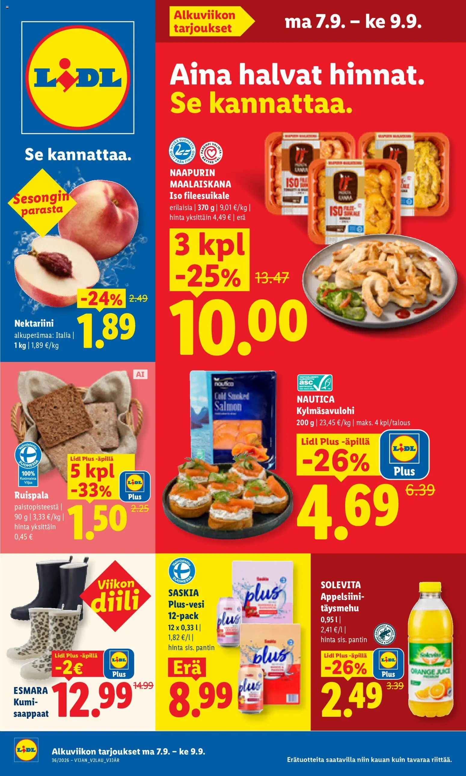 Lidl tarjoukset – voimassa 07/09/2026 alkaen | Sivu: 1 | Tuotteet: Nektariini, Saappaat