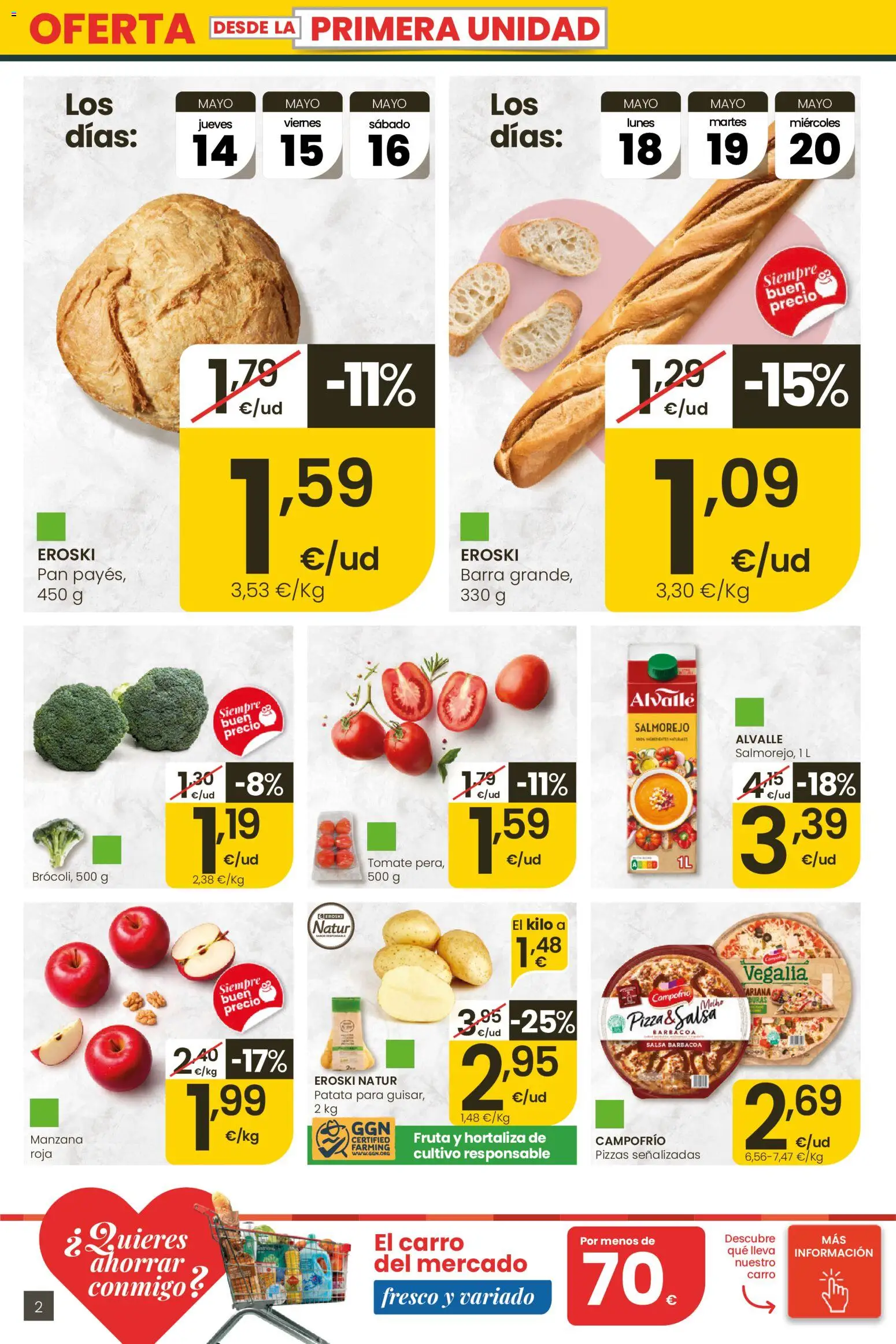 Eroski Quieres ahorrar conmigo │ válido desde el 14.05.2026 | Página: 2 | Productos: Pan, Pizza, Manzana, Barbacoa