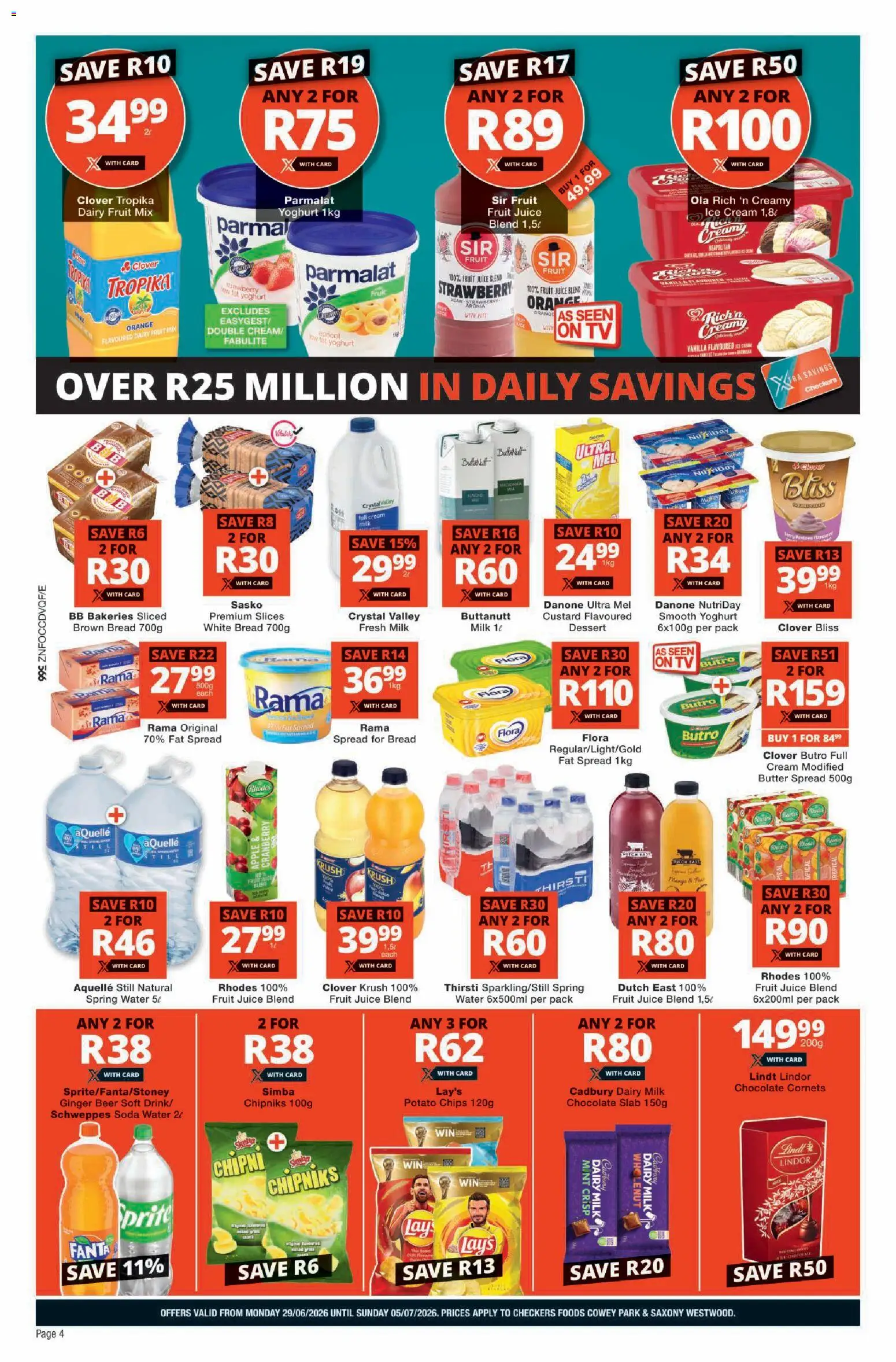 New Checkers catalogue – valid from 29/06/2026 | Page: 4 | Products: Custard, Juice, Beer, Cream