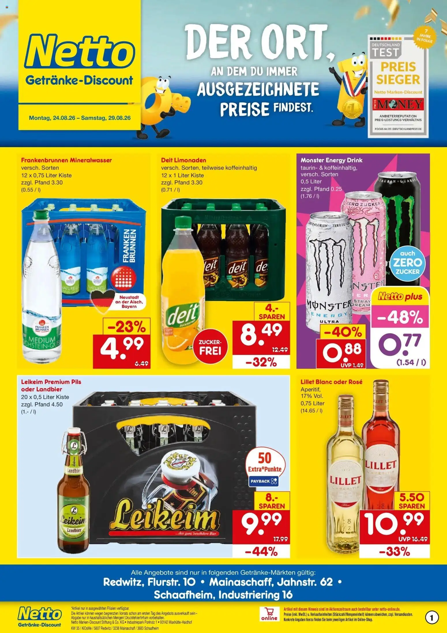 Netto Marken-Discount Prospekt Schaafheim – gültig ab 24.08.2026 | Seite: 1 | Produkte: Energy, Pils, Mineralwasser, Zucker