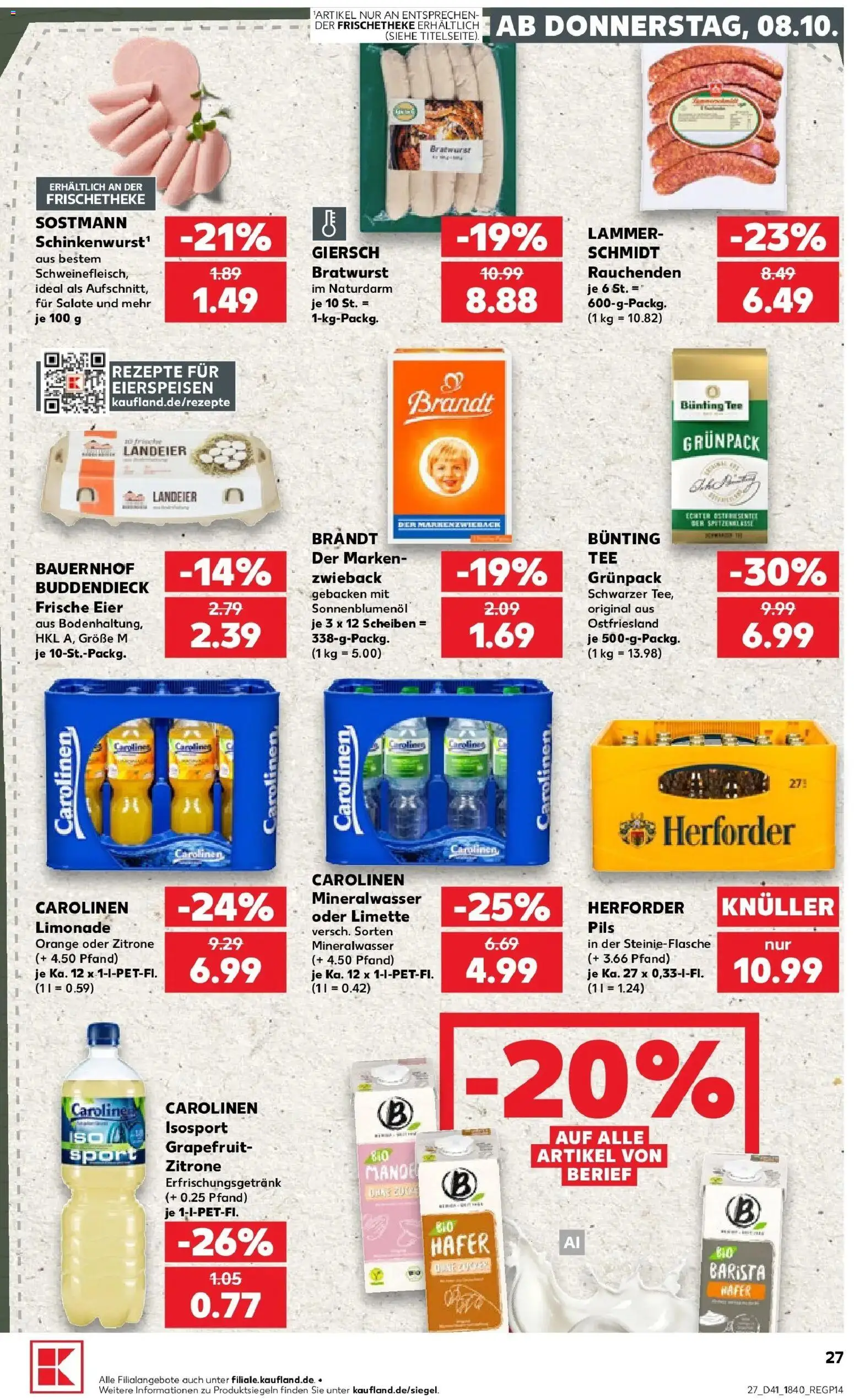 Prospekt Kaufland ab 08.10.2026 » Angebote Online zum Blättern | Seite: 27 | Produkte: Eier, Bratwurst, Mineralwasser, Tee