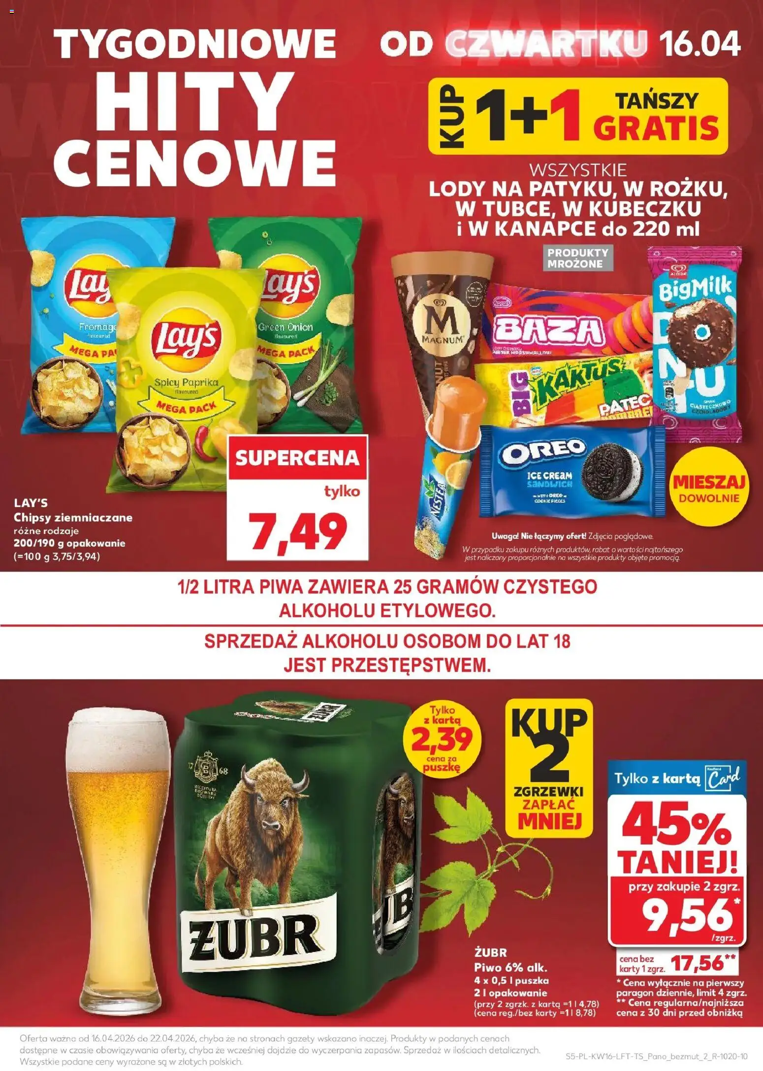 Kaufland gazetka od 16.04.2026 | Strona: 5 | Produkty: Chipsy, Sandwich, Piwo, Lody