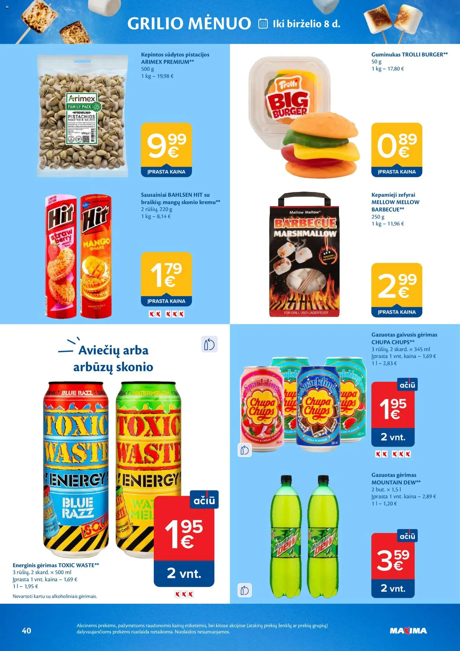 MAXIMA akcijos nuo 02.06.2026 | Puslapis: 40 | Prekių: Sausainiai, Gaivusis gėrimas, Energinis gėrimas, Pistacijos
