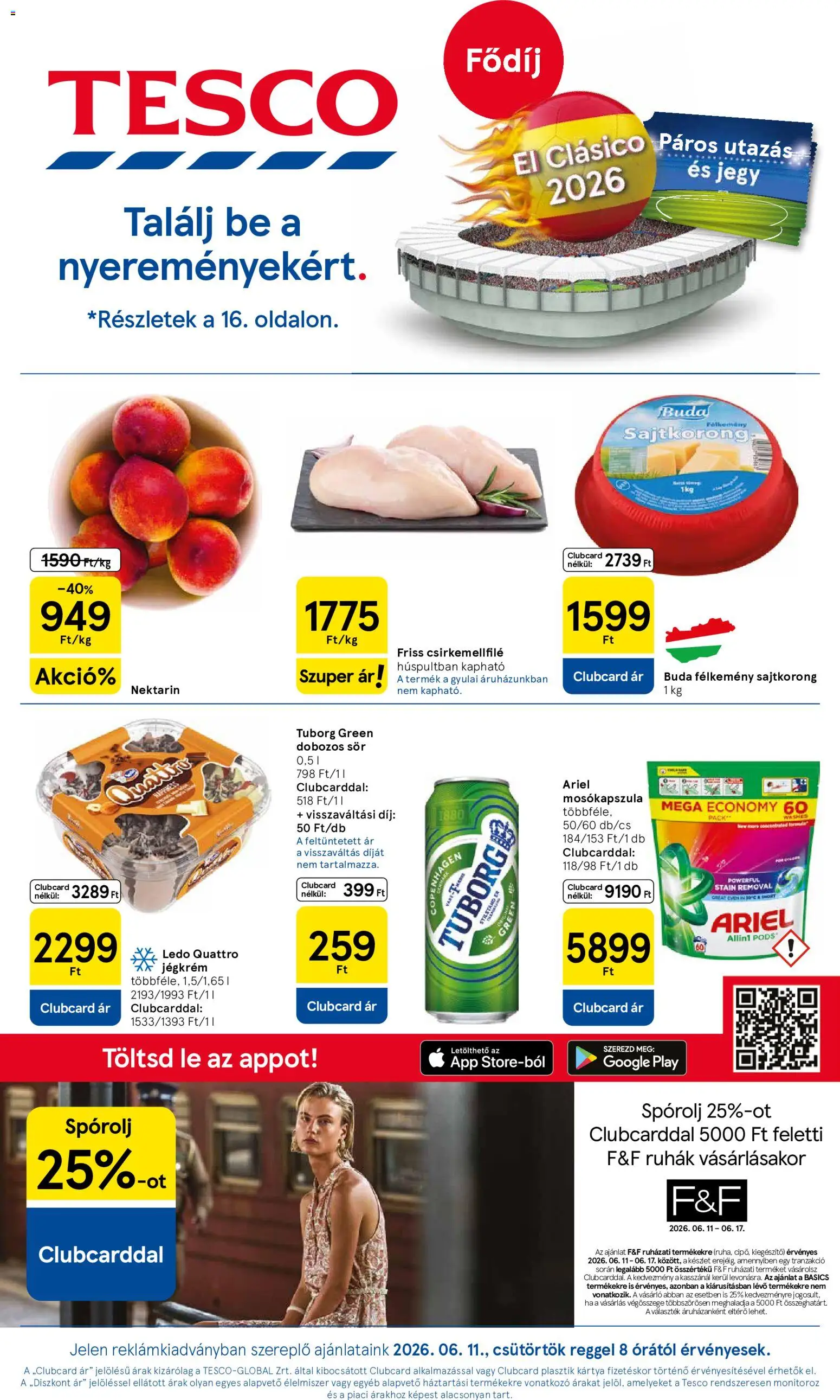 Tesco akciós ujság - amely érvényes a következő dátumtól: 11.06.2026 | Oldal: 1 | Termékek: Ariel, Nektarin, Mosókapszula, Jégkrém