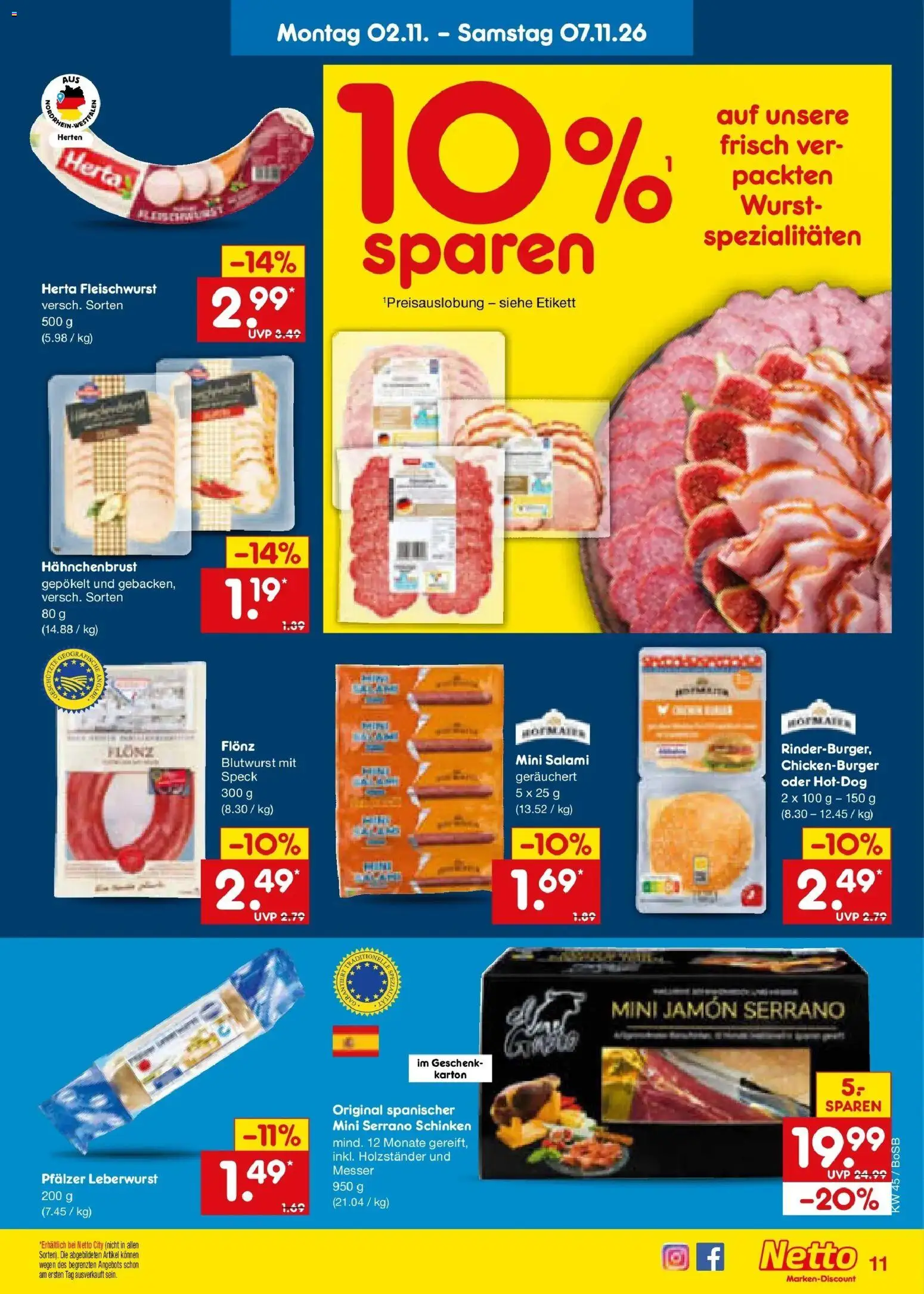Netto Marken-Discount Prospekt Bochum – gültig ab 02.11.2026 | Seite: 17 | Produkte: Herta fleischwurst, Salami, Serrano schinken, Schinken