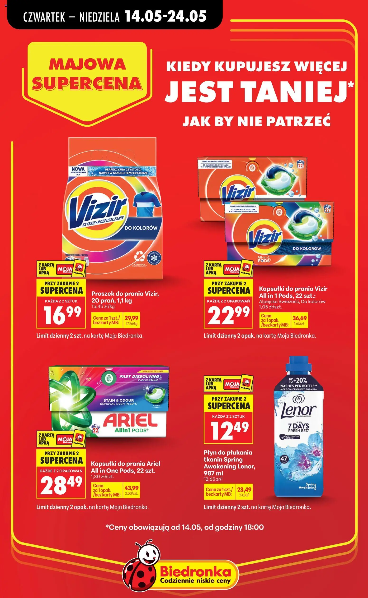 Biedronka gazetka - Majowa supercena od 14.05.2026 | Strona: 3 | Produkty: Kapsułki do prania Vizir, Karta, Kapsułki do prania, Proszek do prania