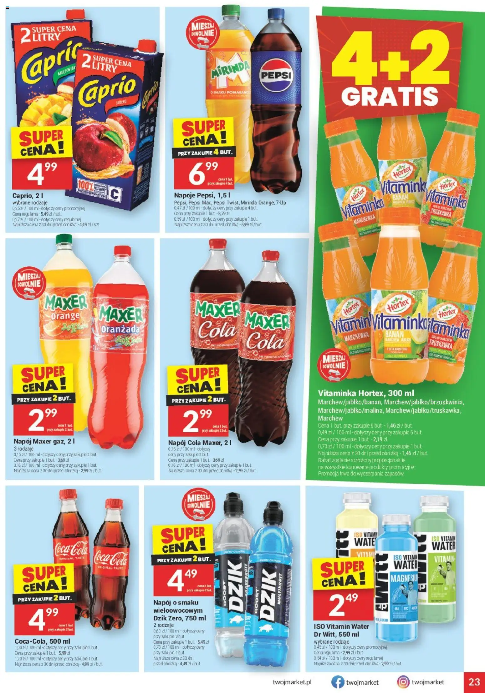 Twój Market Gazetka od 25.02.2026 | Strona: 23 | Produkty: Napoje, Pepsi, Banan, Marchewka