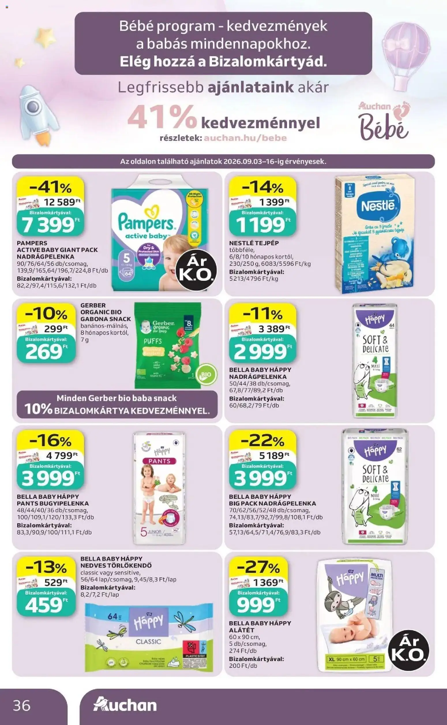 Auchan akciós újság Szolnok - 2026.09.03. -tól/töl > akció, lapozható szórólap 🛍️ | Oldal: 36 | Termékek: Pampers, Nestlé, Nedves törlőkendő, Baba