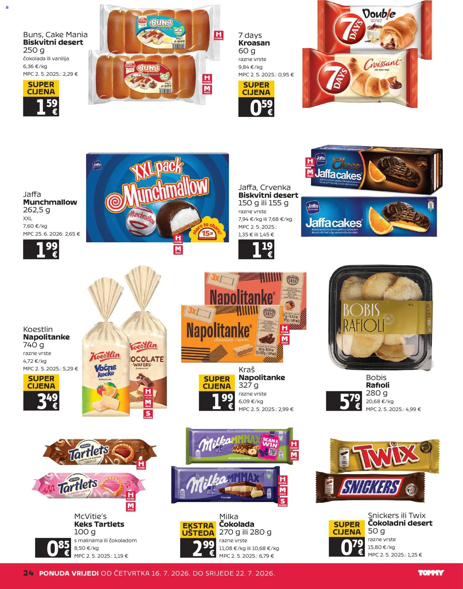 Tommy katalog | vrijedi od 16.07.2026 | Stranica: 24 | Proizvodi: Snickers, Keks, Napolitanke, Milka