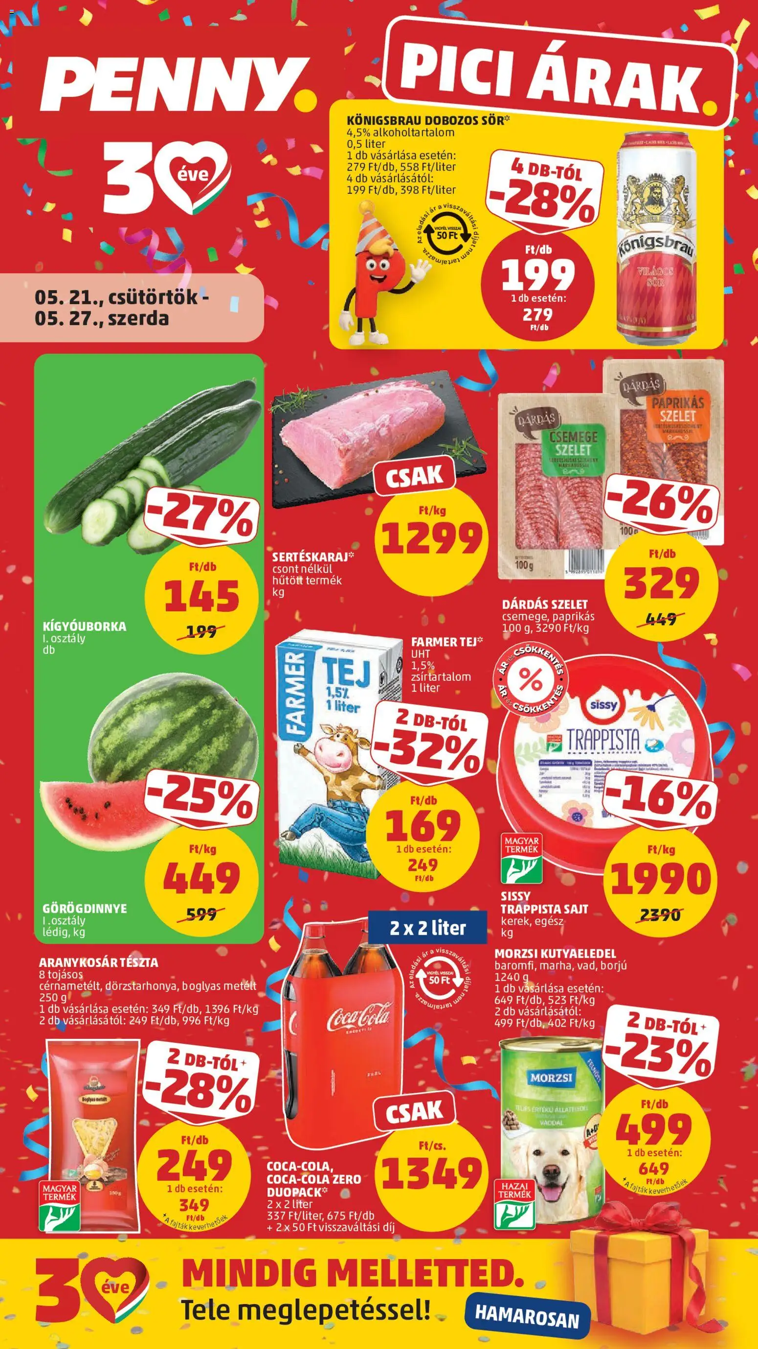 PENNY akciós ujság - amely érvényes a következő dátumtól: 21.05.2026 | Oldal: 1 | Termékek: Farmer, Kutyaeledel, Cola, Tészta