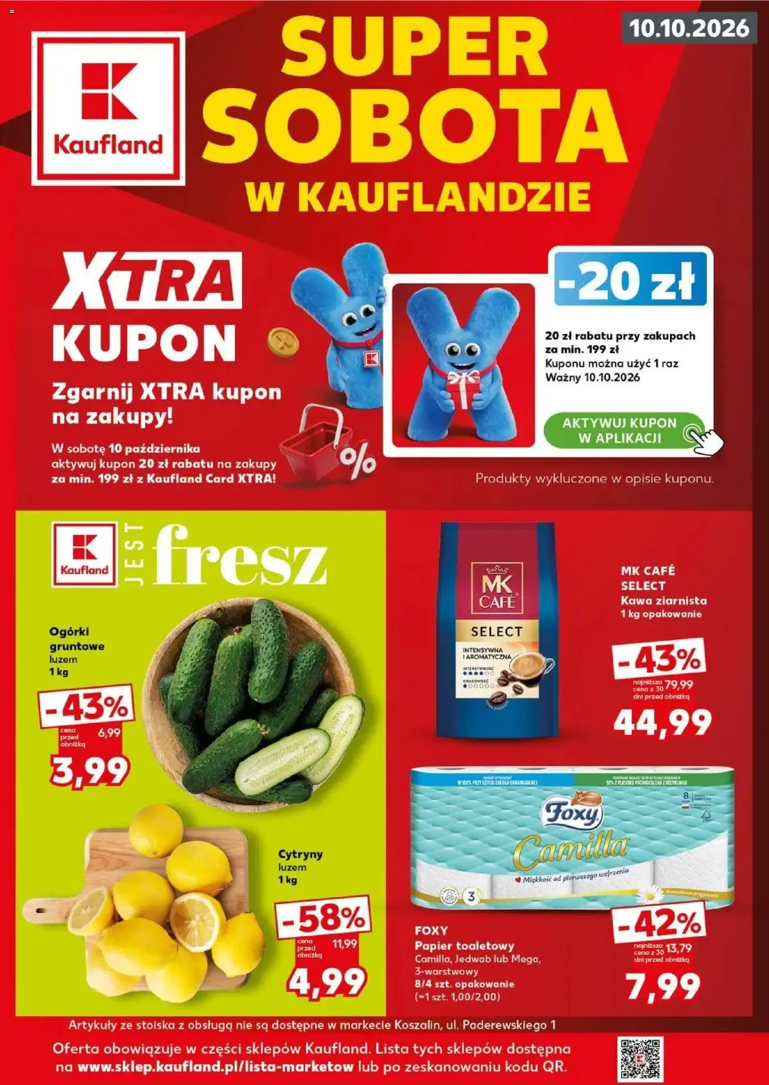 Kaufland gazetka - Super sobota od 08.10.2026 - od jutra PDF | Strona: 1 | Produkty: Papier toaletowy, Cytryny, Kawa ziarnista 1 kg, Ogórki gruntowe