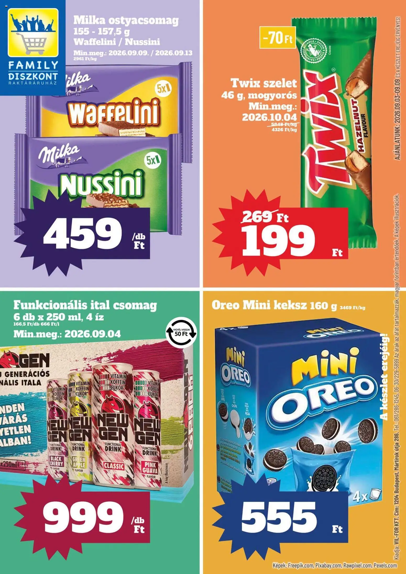Family Diszkont akciós ujság - amely érvényes a következő dátumtól: 2026.09.03. | Oldal: 1 | Termékek: Milka, Oreo, Twix, Keksz
