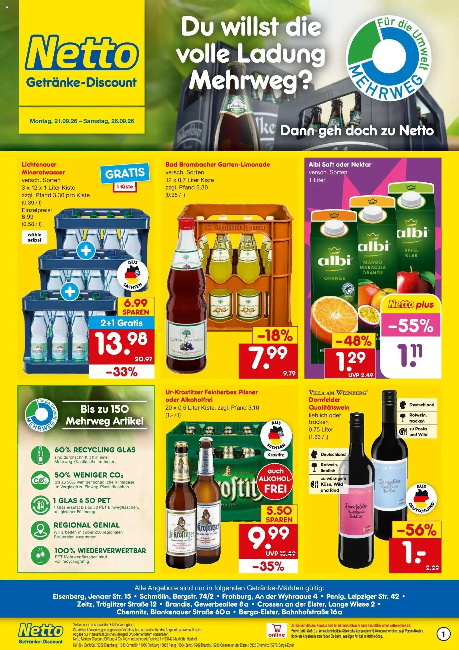 Netto Marken-Discount Prospekt Penig – gültig ab 21.09.2026 | Seite: 1 | Produkte: Äpfel, Mineralwasser, Alkohol, Pasta