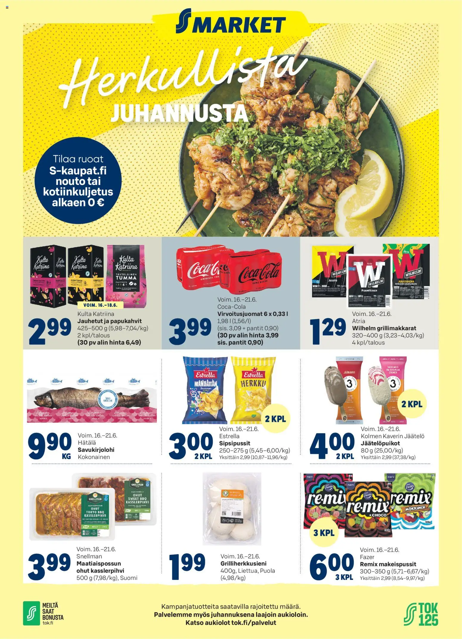 S-market tarjoukset – voimassa 16.06.2026 alkaen | Sivu: 1 | Tuotteet: Kokonainen, Makeispussit, Coca cola, Jäätelö