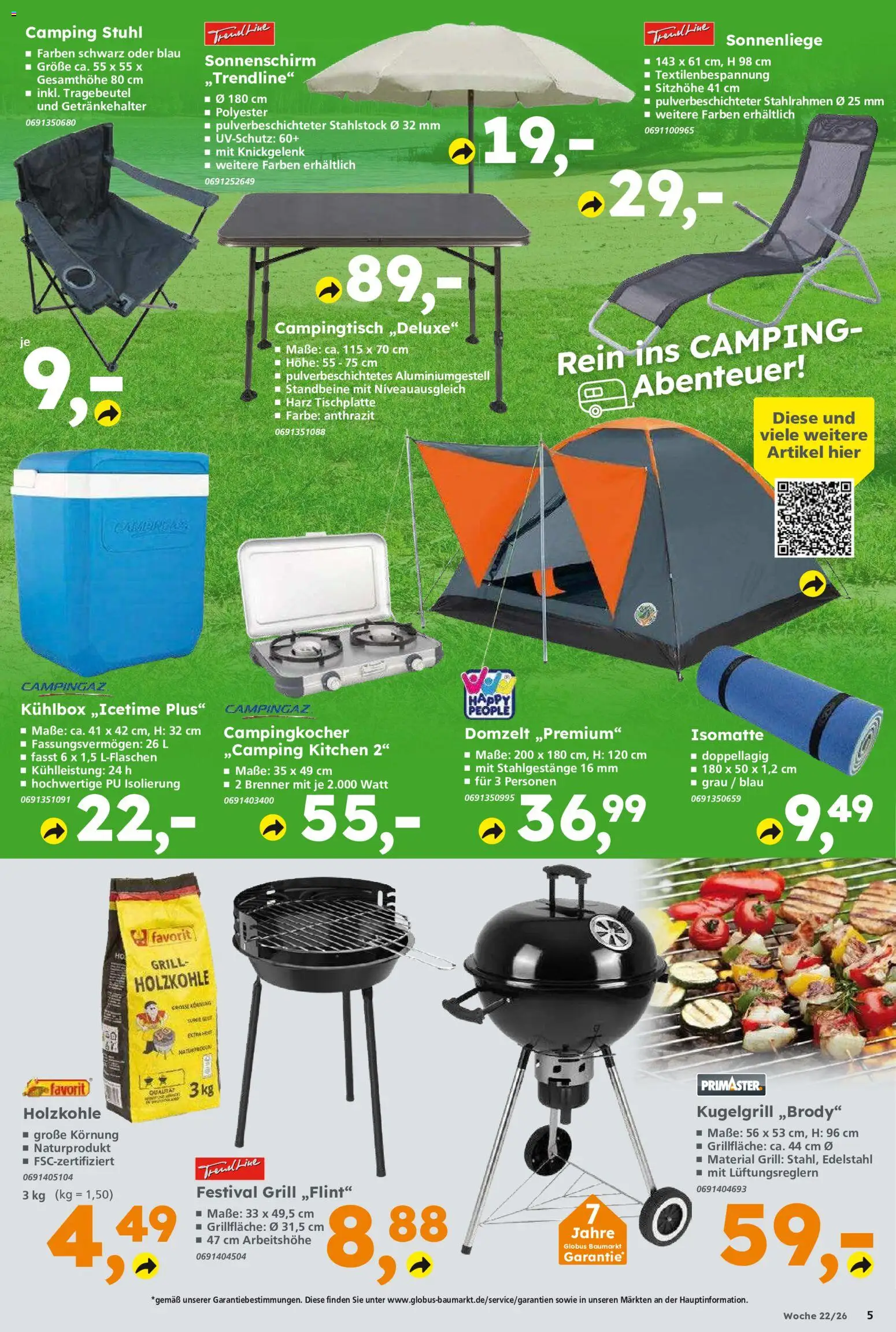 Globus Baumarkt Prospekt Oranienburg-Germendorf – gültig ab 26.05.2026 | Seite: 5 | Produkte: Grill, Stuhl, Sonnenschirm