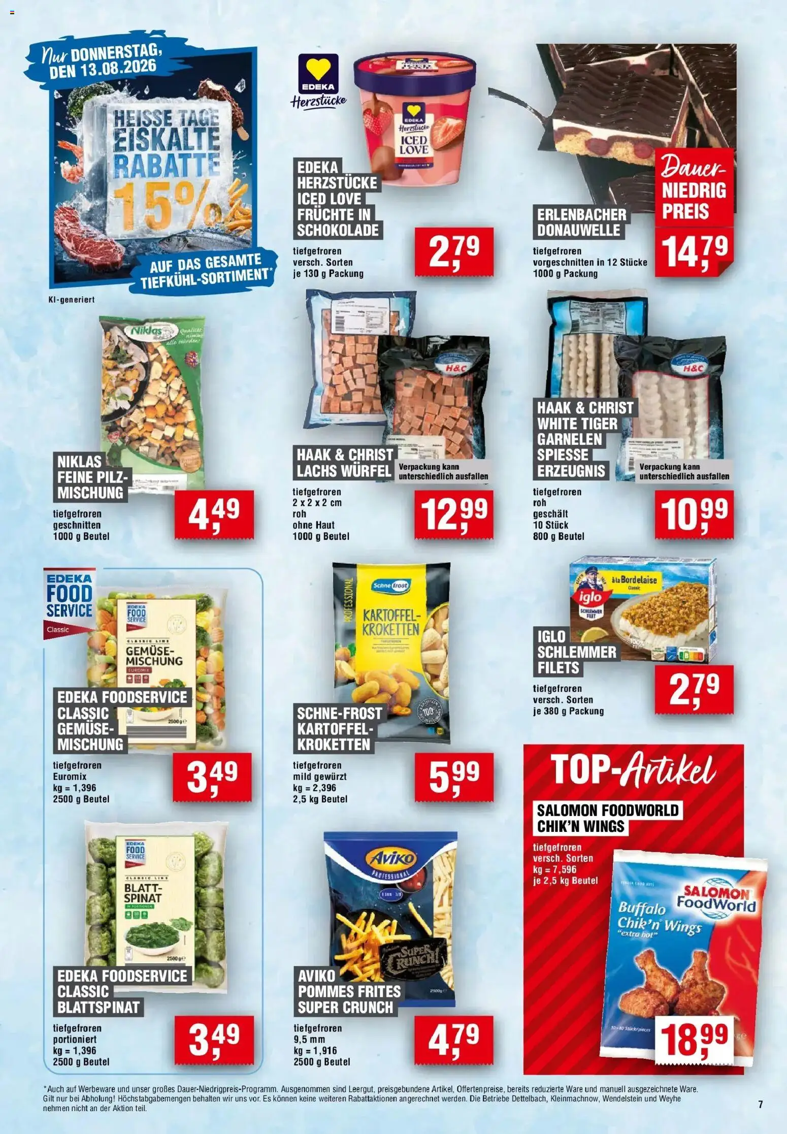 Edeka Prospekt Minden – gültig ab 13.08.2026 | Seite: 7 | Produkte: Iglo, Pommes, Spieße, Lachs