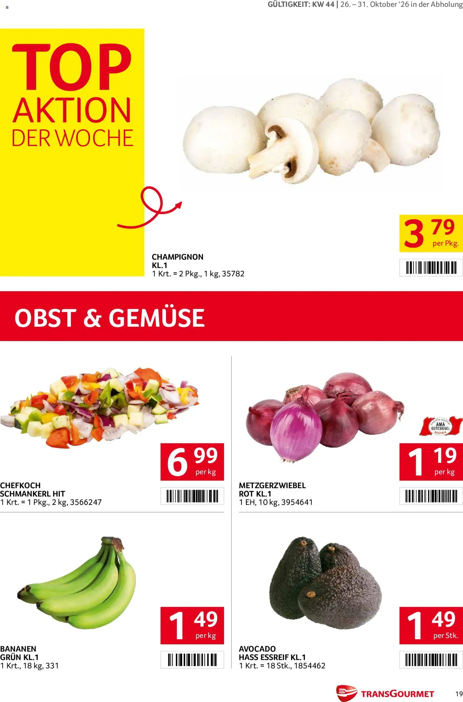Transgourmet Abhol Aktion gültig ab 26.10.2026 | Seite: 19 | Produkte: Avocado, Gemüse, Obst, Bananen