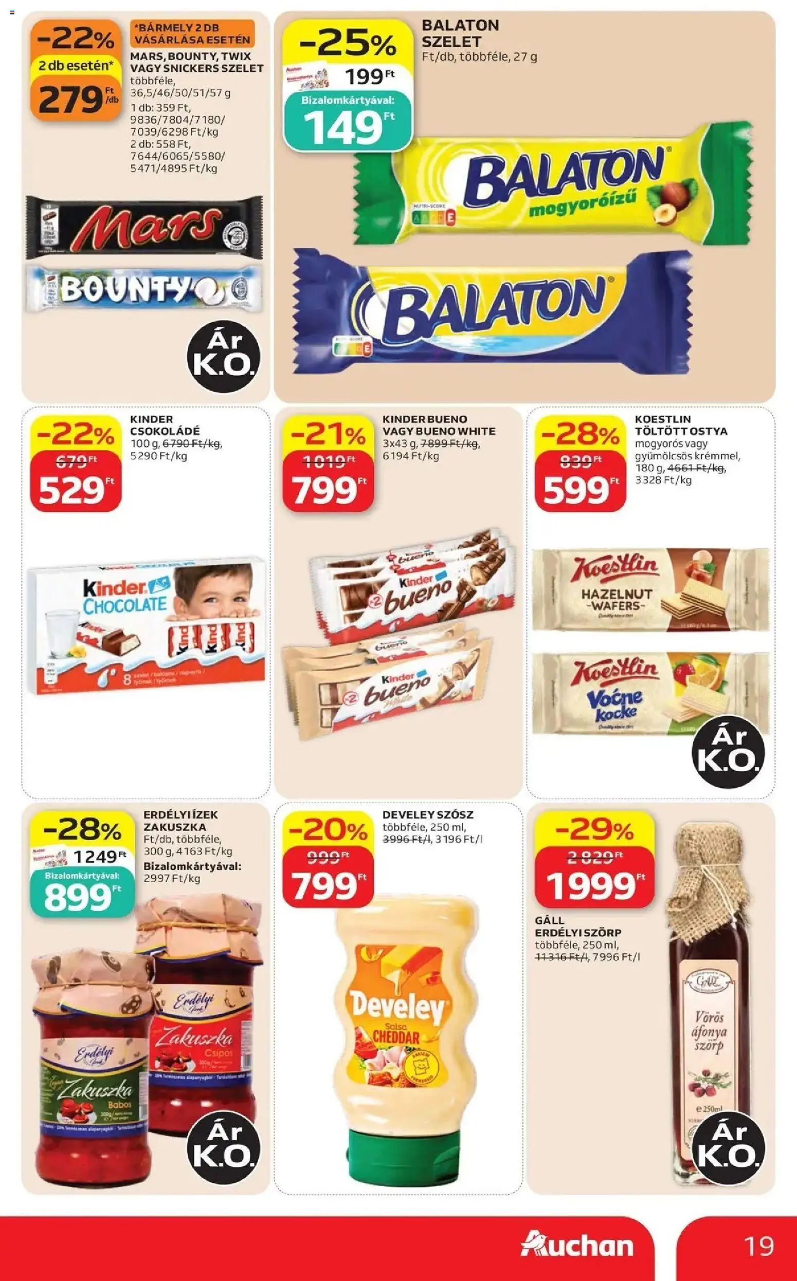 Auchan akciós újság Szolnok - 2026.08.27. -tól/töl > akció, lapozható szórólap 🛍️ | Oldal: 19 | Termékek: Twix, Snickers, Kinder, Töltött ostya