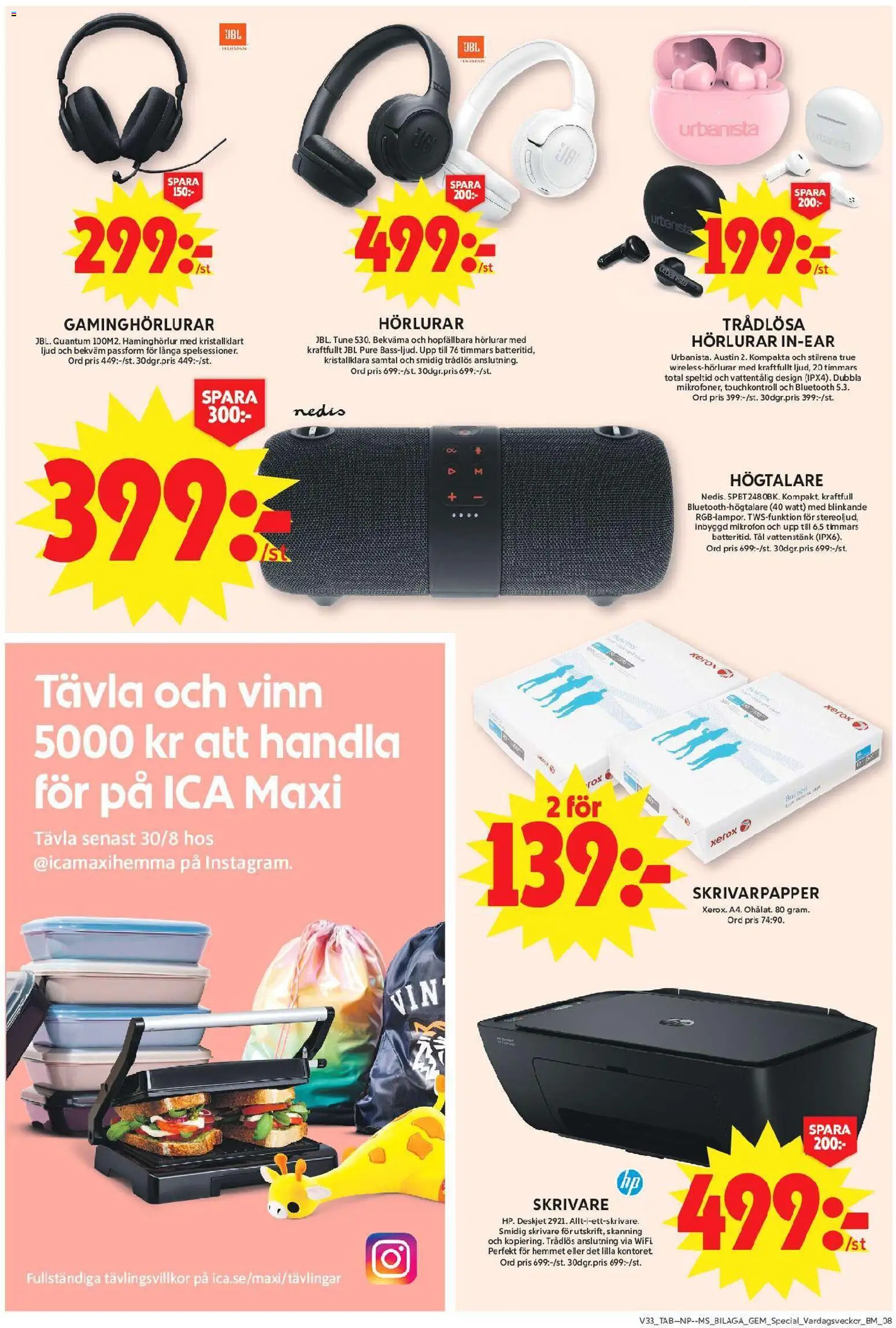 ICA Maxi reklamblad aktuell från 10/08/2026 | Sida: 23 | Produkter: Skrivare, Hörlurar, Puré, Mikrofon
