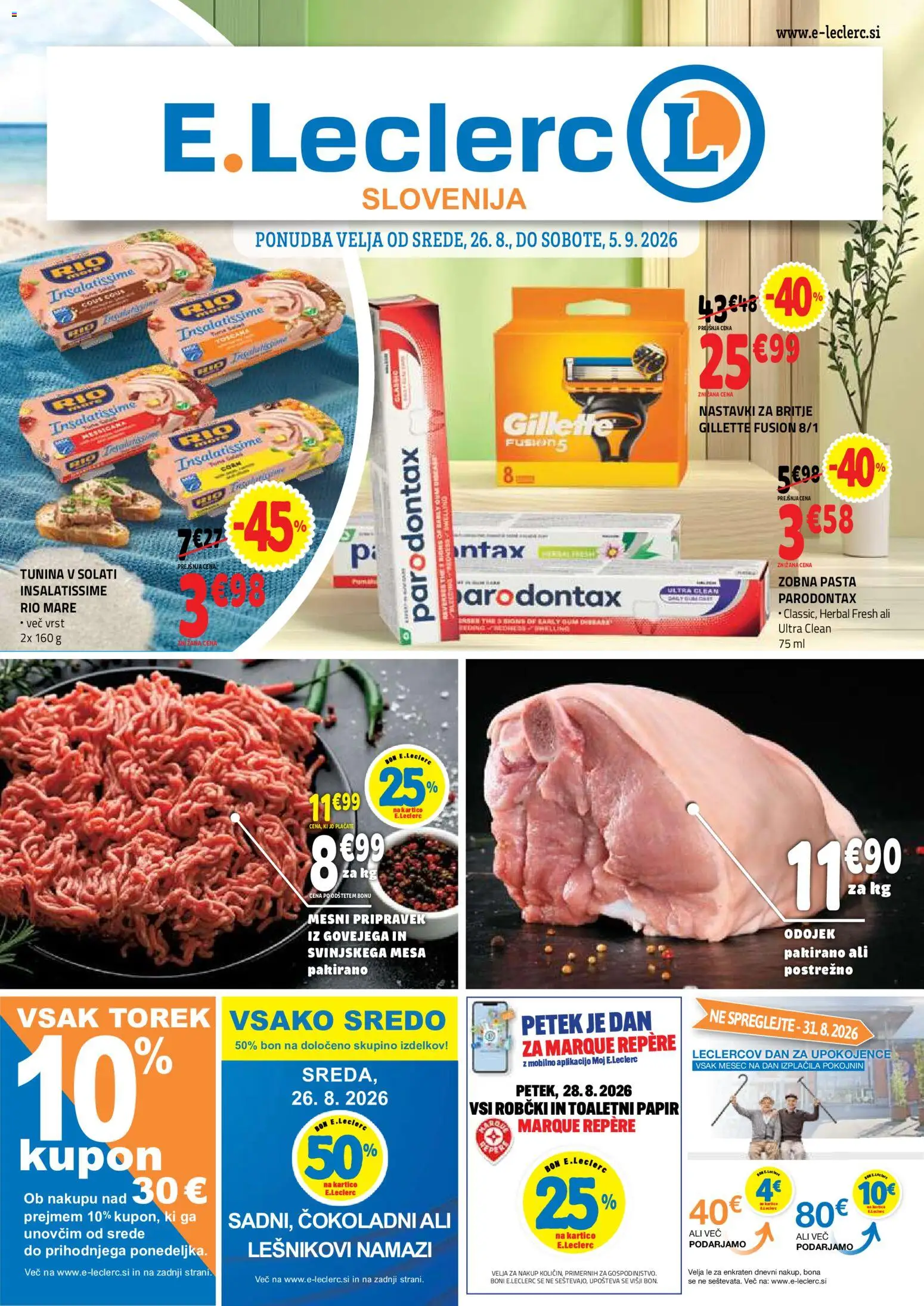 Novi E.leclerc katalog ponudbe – veljaven od 26.08.2026 | Stran: 1 | Izdelki: Toaletni papir, Robčki, Zobna pasta
