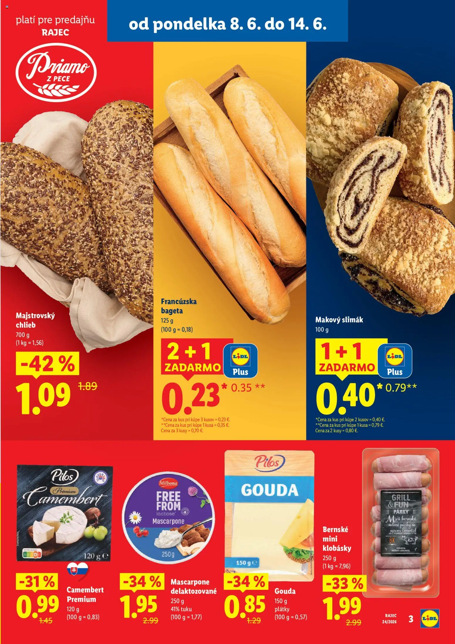 Nové Lidl akcie – leták je platný od 08.06.2026 | Strana: 3 | Produkty: Chlieb, Gouda, Rajec, Párky