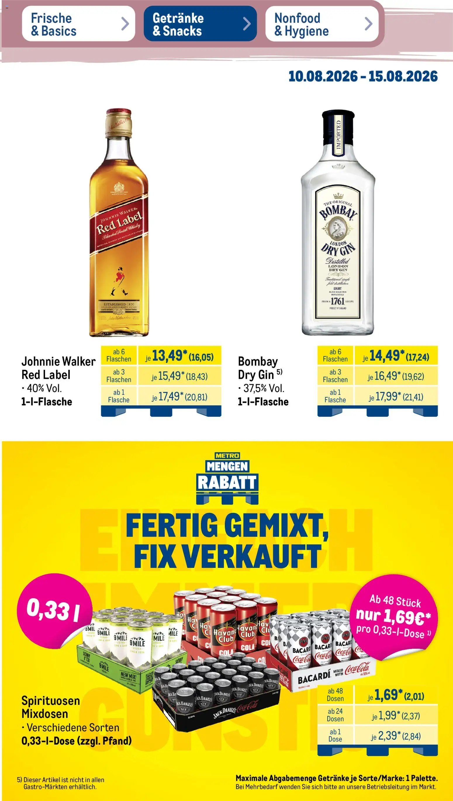 Metro NonFood-Angebote – gültig ab 10.08.2026 | Seite: 26 | Produkte: Bacardi, Whisky, Coca cola, Johnnie walker