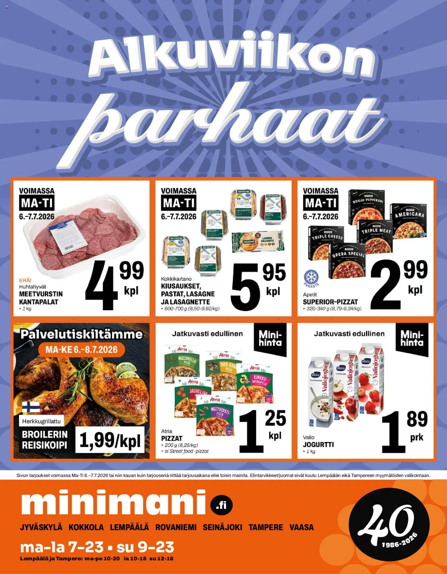 Minimani tarjoukset – voimassa 06/07/2026 alkaen | Sivu: 1 | Tuotteet: Meetvursti, Jauheliha, Kinkku, Pizza