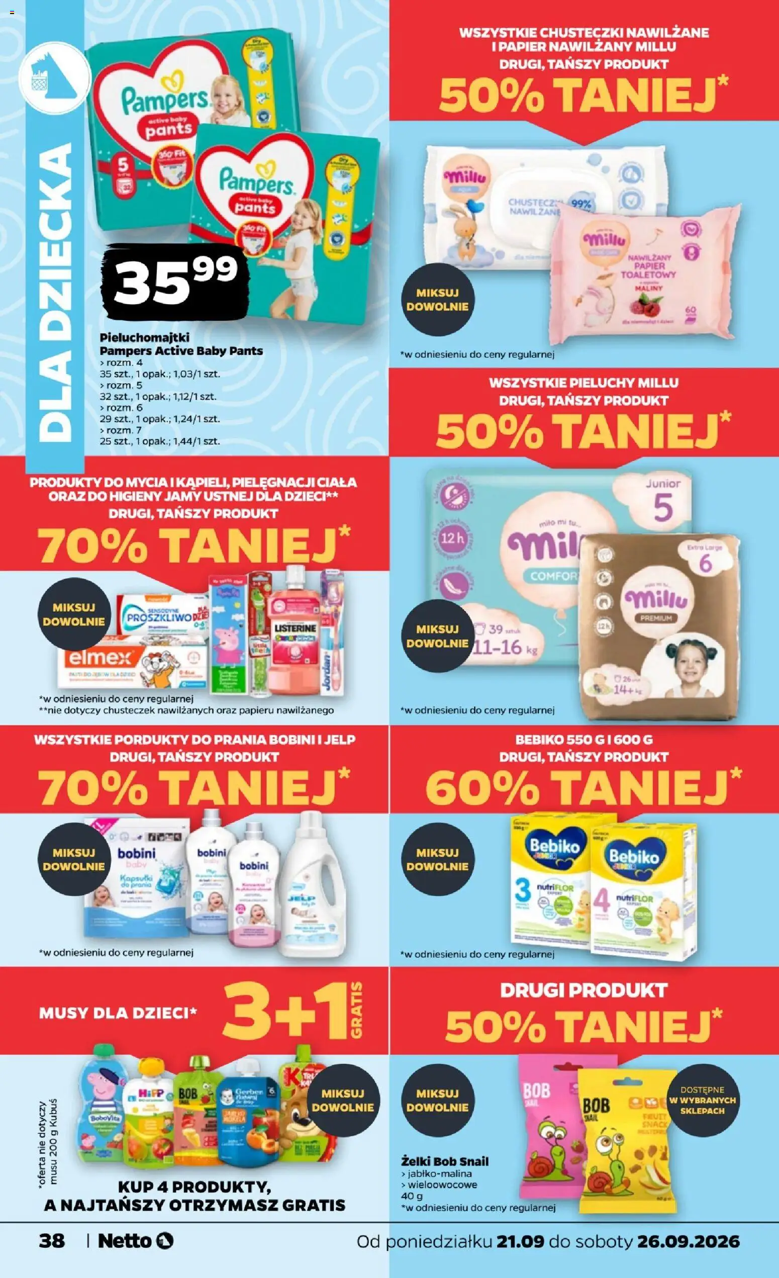 Netto gazetka od poniedziałku od 21.09.2026 | Strona: 38 | Produkty: Kapsułki, Papier nawilżany, Żelki, Bebiko