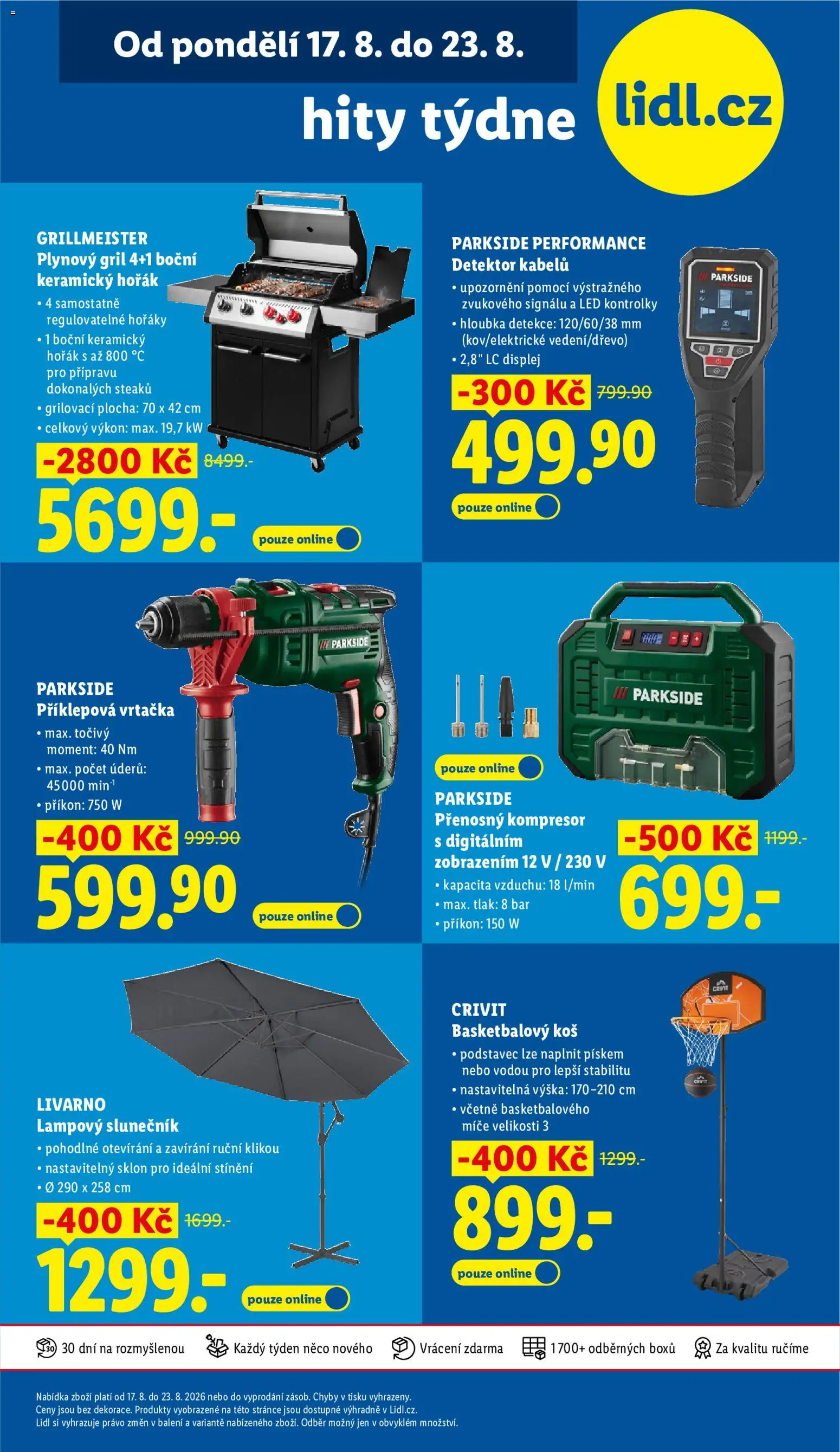 Lidl leták od 20.08.2026 | Strana: 43 | Produkty: Plynový gril, Koš, Vrtačka, LED
