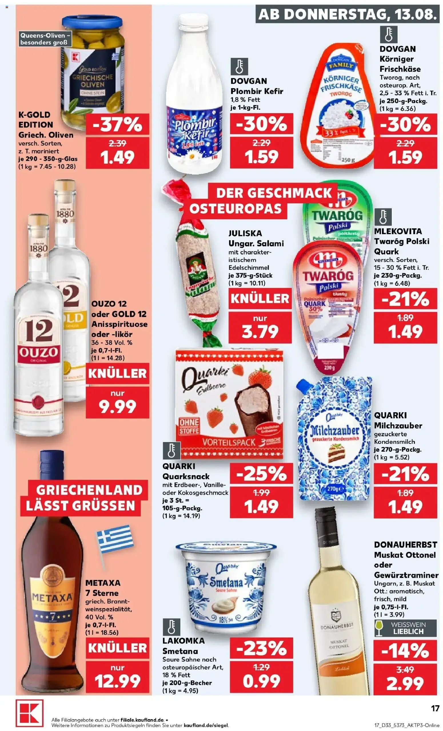 Prospekt Kaufland ab 13.08.2026 » Angebote Online zum Blättern | Seite: 17 | Produkte: Kefir, Weißwein, Likör, Metaxa