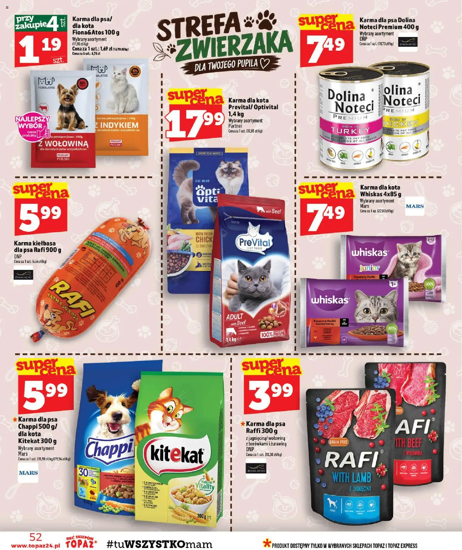 Topaz gazetka od 22.10.2026 | Strona: 52 | Produkty: Kiełbasa, Karma dla kota, Karma dla psa, Karma