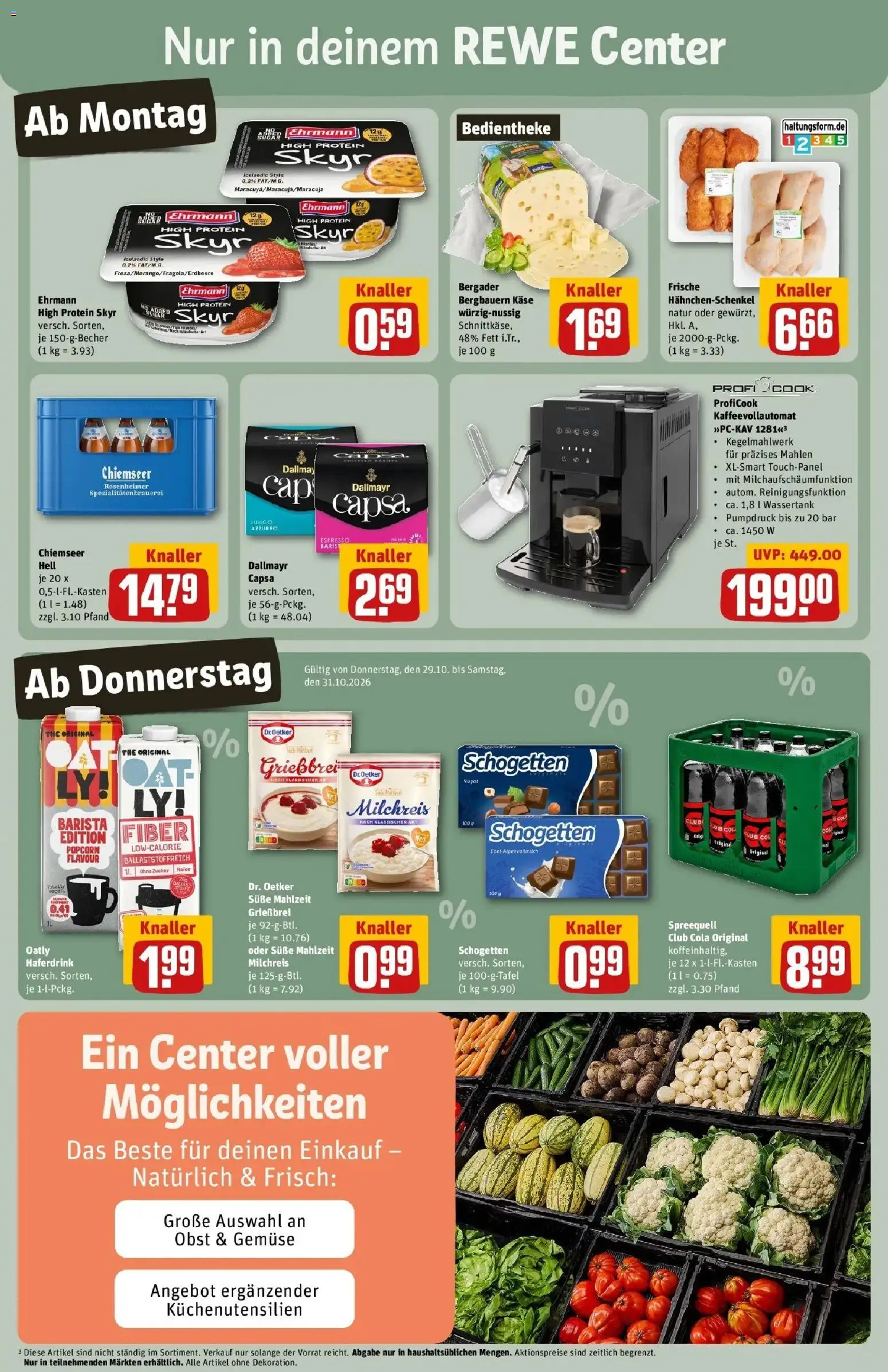 REWE Prospekt ab 26.10.2026 zum Blättern » Angebote | Seite: 3 | Produkte: Hahnchenschenkel, Käse, Obst, Kaffeevollautomat